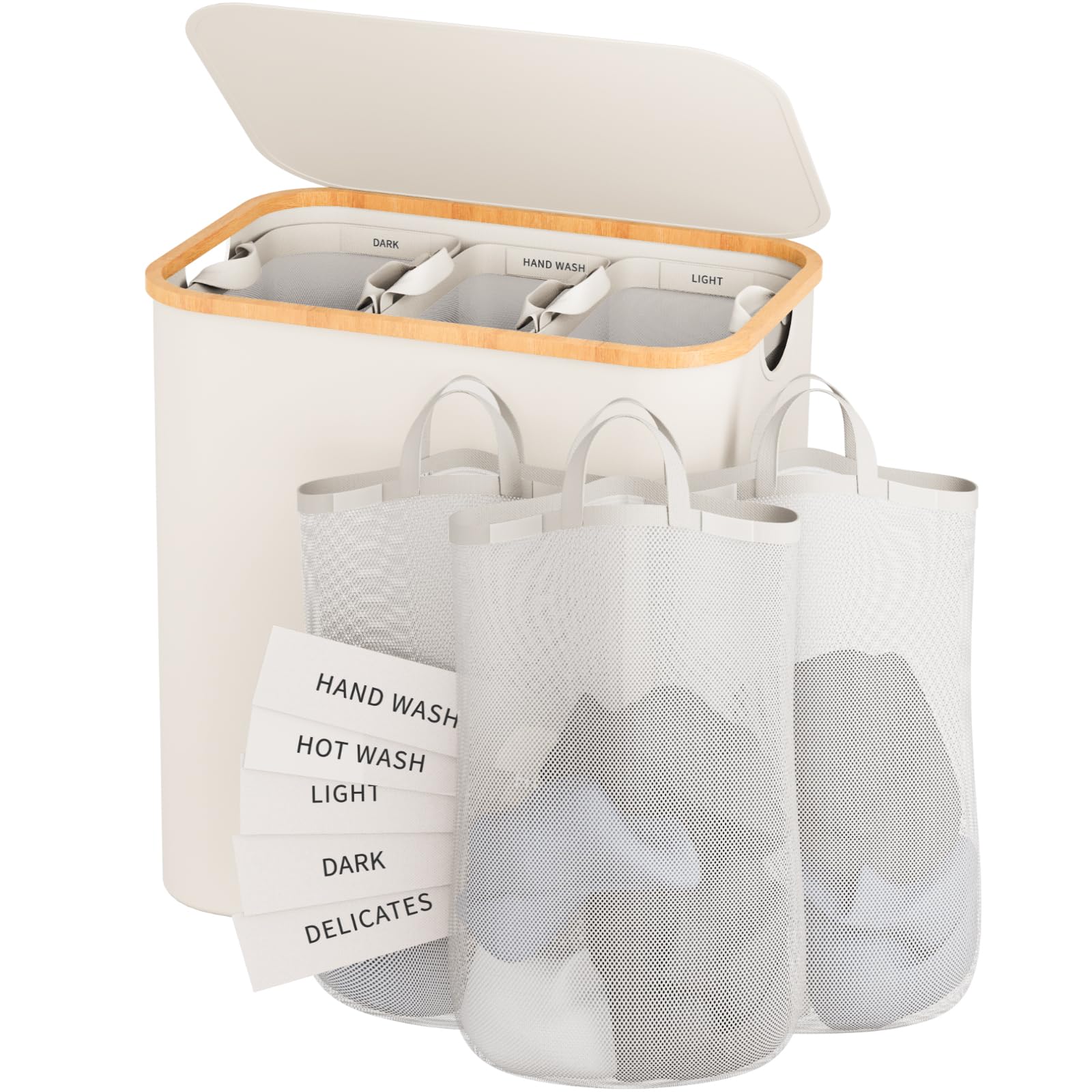 Hamper With Lid, 145L Hamper For Laundry Basket 3 Compartment, Dirty Clothes Hamper With Removable Bags Foldable Laundry Basket