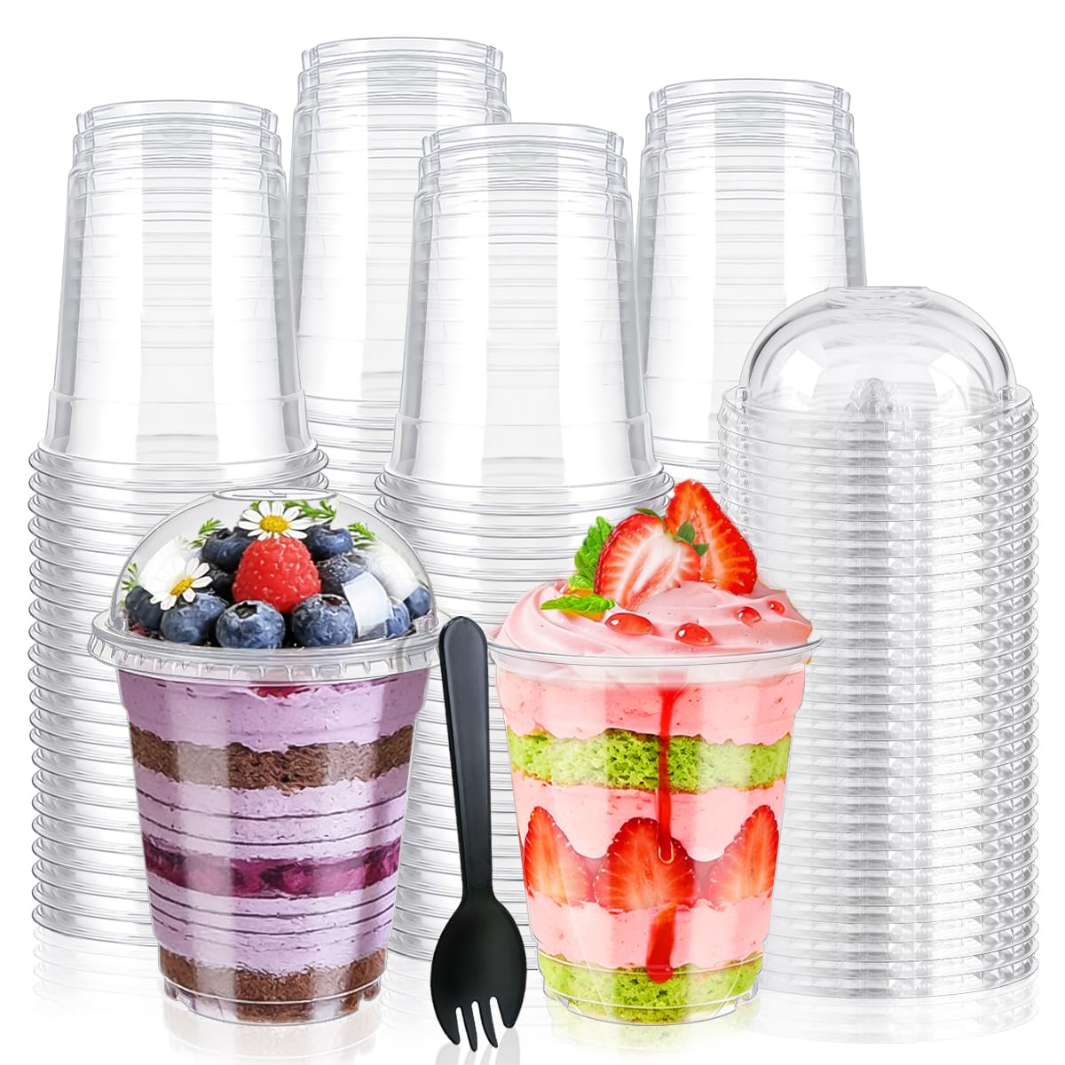 Paradi star 100Pcs 12oz Plastic Dessert Cups with Dome Lids and Sporks,Clear Disposable Parfait Containers for Ice Cream,Fruit,P