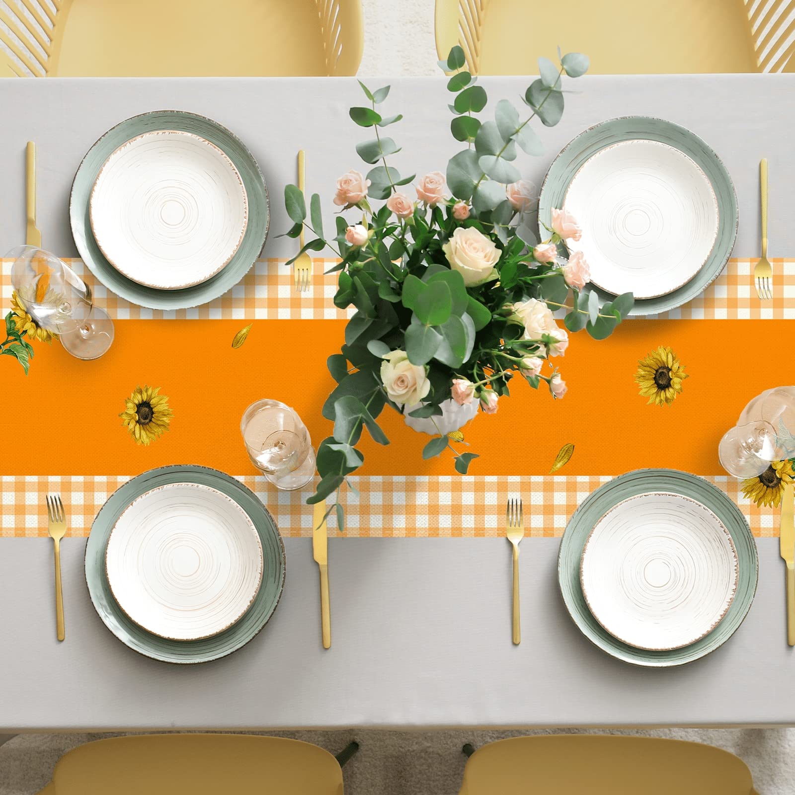Linen Orange And White Buffalo Check Plaid Pumpkin Sunflower Fall Table Runner Farmhouse Fall Autumn Thanksgiving Kitchen Table