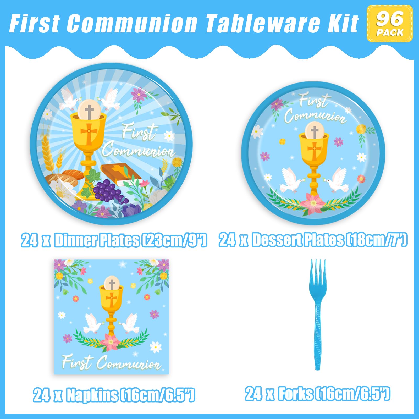Kepeel 96 Pcs Blue Baptism Plates And Napkins, First Holy Communion Party Decorations Supplies For Boys God Bless Christening Ce