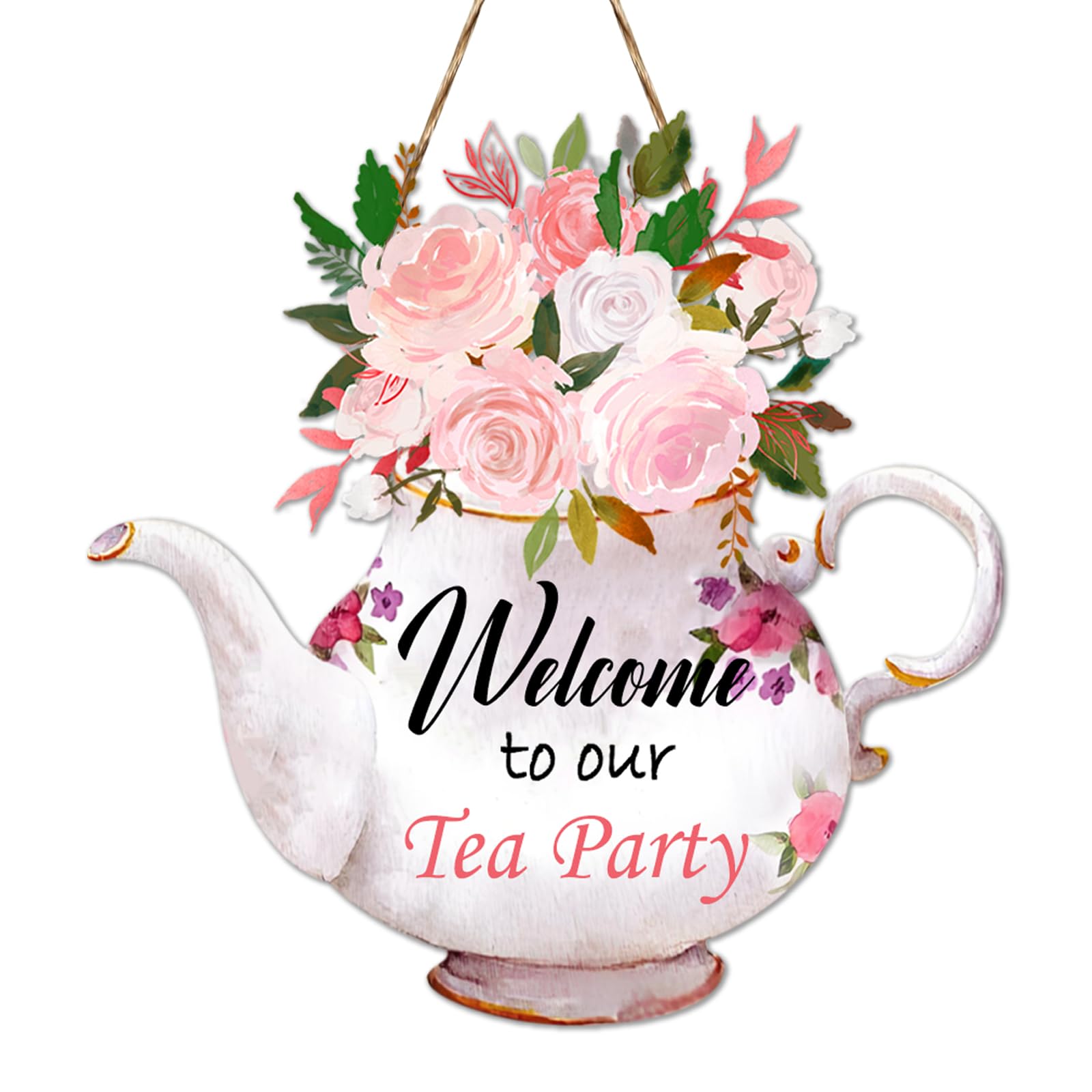 CANIPHA Tea Party Decorations Door Sign, Colorful TeaPot-Shaped Tea Party Decor Hanging Door Plaque Floral Themed Welcome Sign f