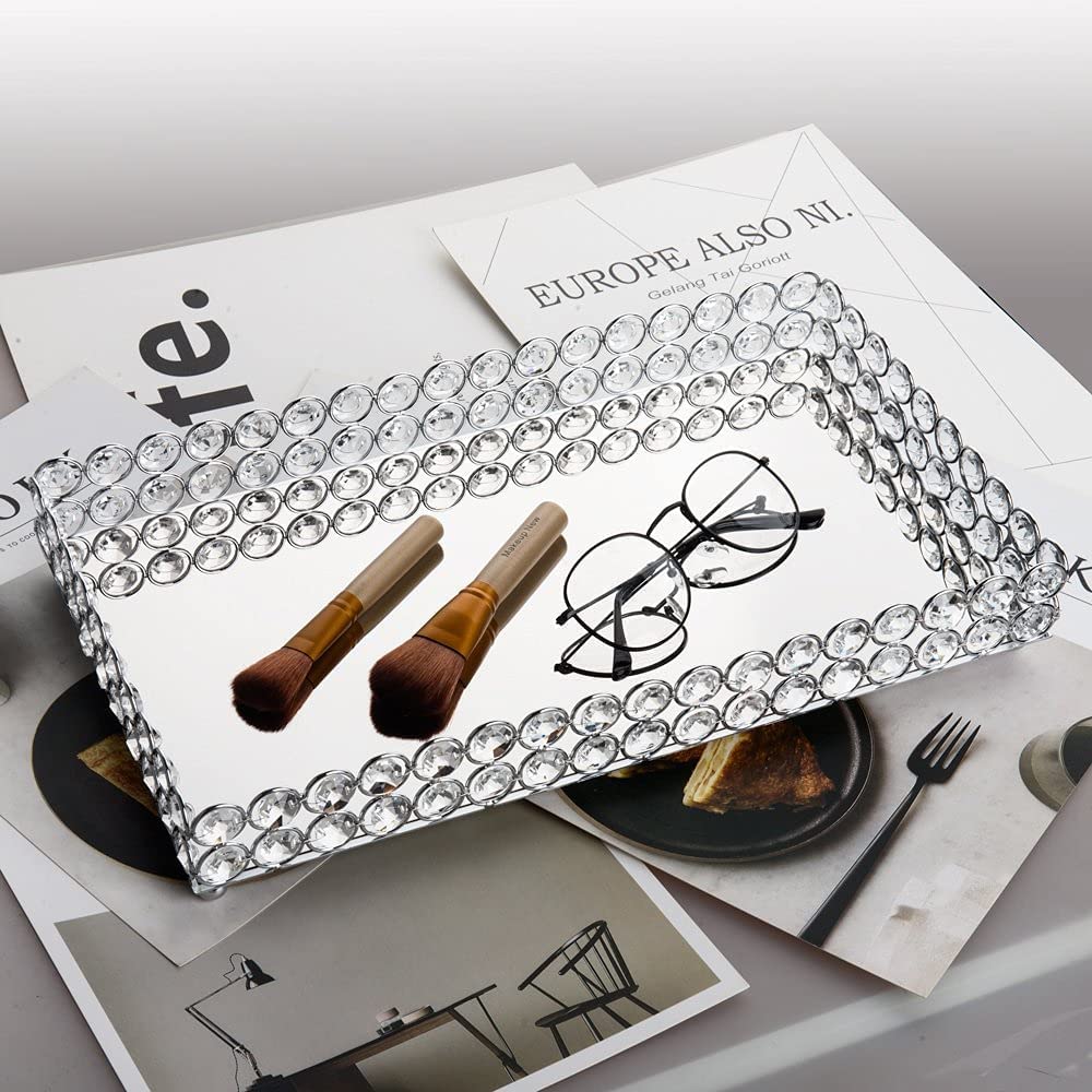 Feyarl Large Crystal Cosmetic Perfume Vanity Makeup Tray Mirrored Jewelry Trinket Rings Earrings Tray Organizer Storage Decorati