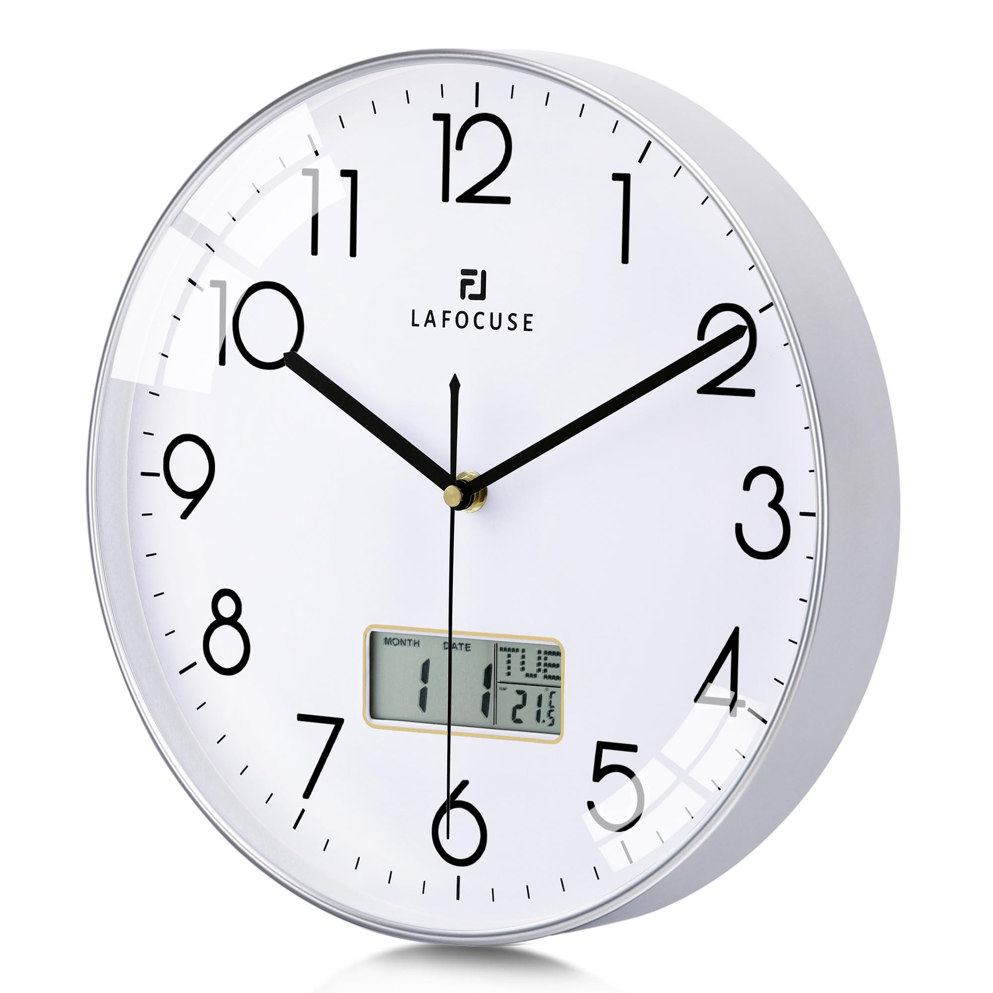 Lafocuse Silver Wall Clock With Date,Month,Day Of Week And Temperature, Silent Non-Ticking Battery Operated Clock For Living Roo
