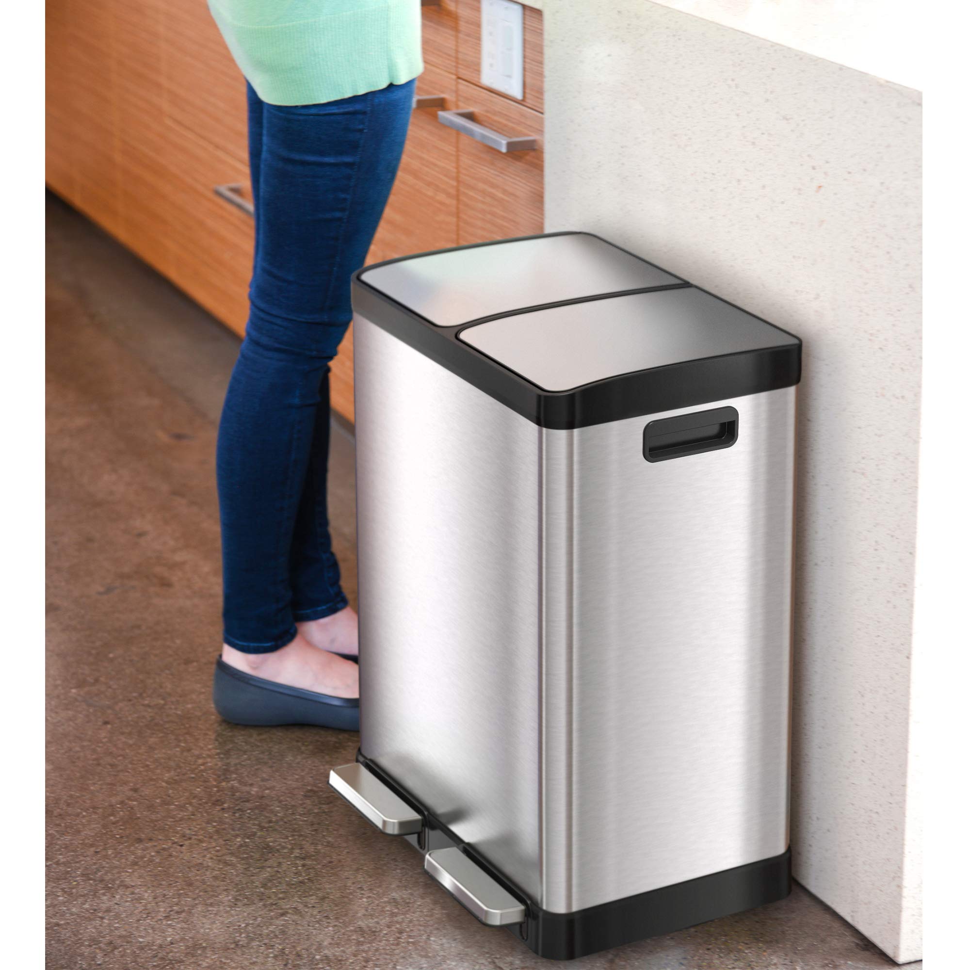 Itouchless Softstep 16 Gallon Kitchen Step Trash Can & Recycle Bin With Double Odor Filters And Removable Color-Coded Buckes, St