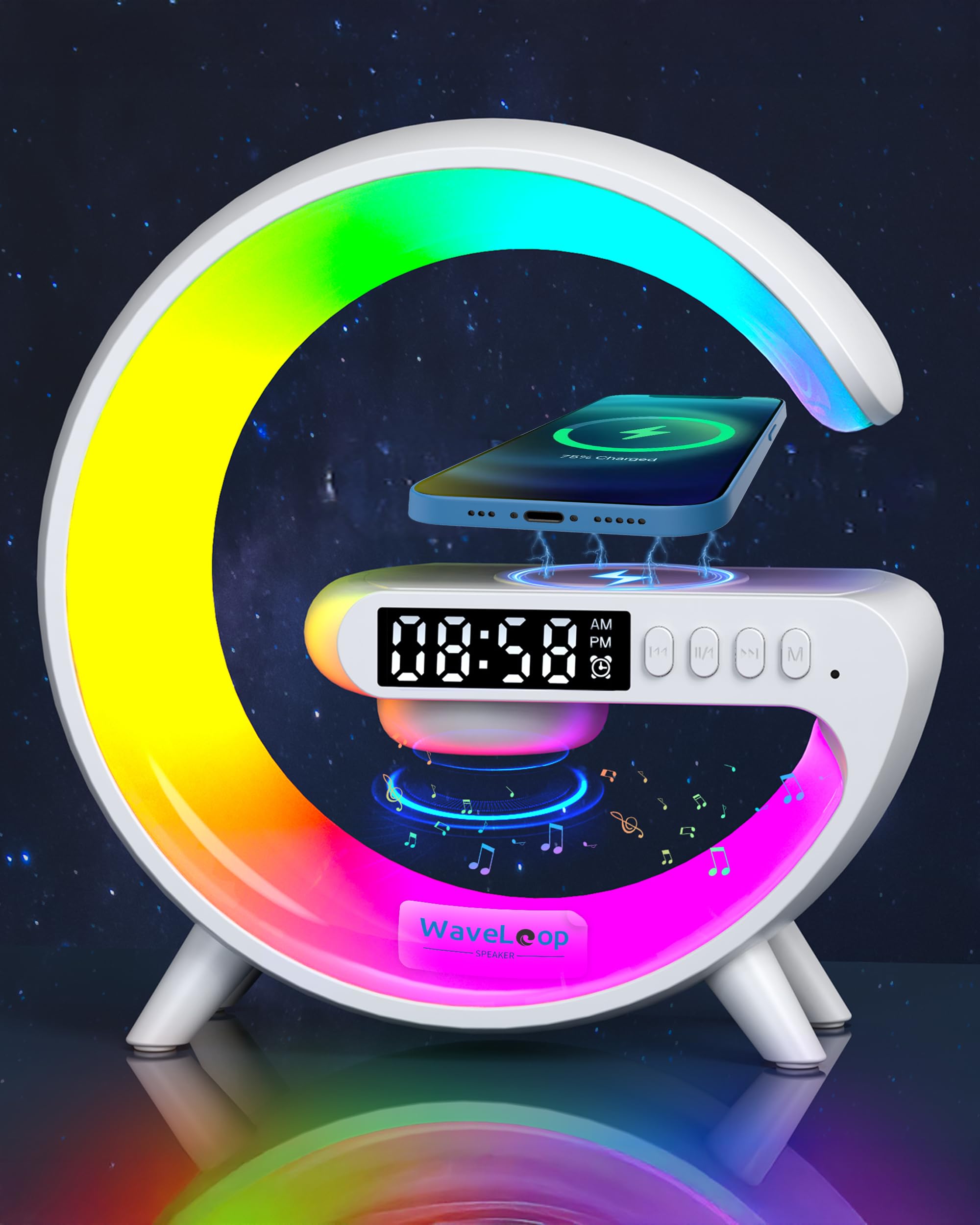 Waveloop Speaker Alarm Clocks For Bedrooms With Wireless Charging And G Bluetooth Speaker, Sunrise Wake Up Light Rgb Night Lamp,