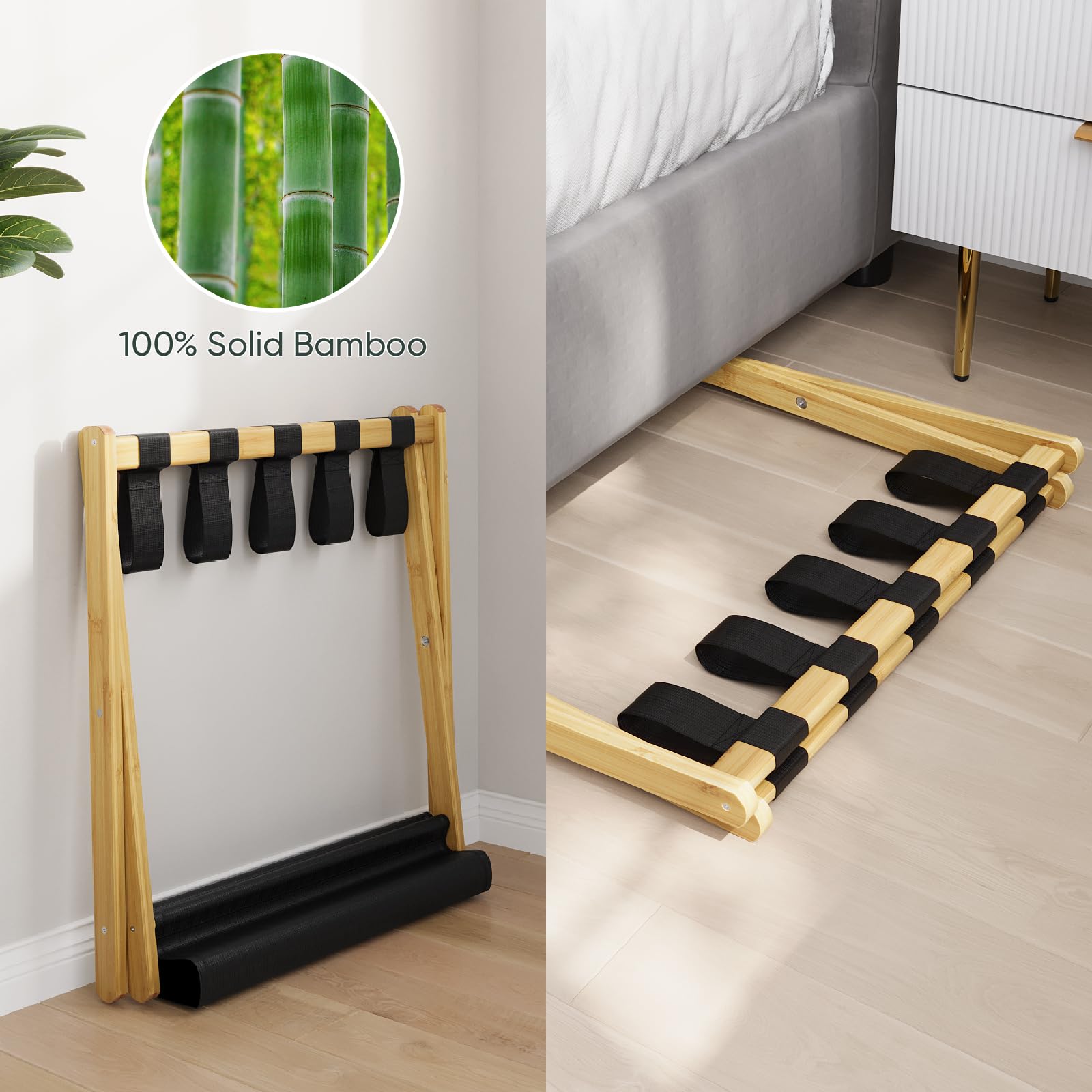 Smart Fendee Luggage Rack, Folding Luggage Rack For Guest Room, Bamboo Suitcase Stand Holds Up To 131 Lb, Luggage Stand With Sto