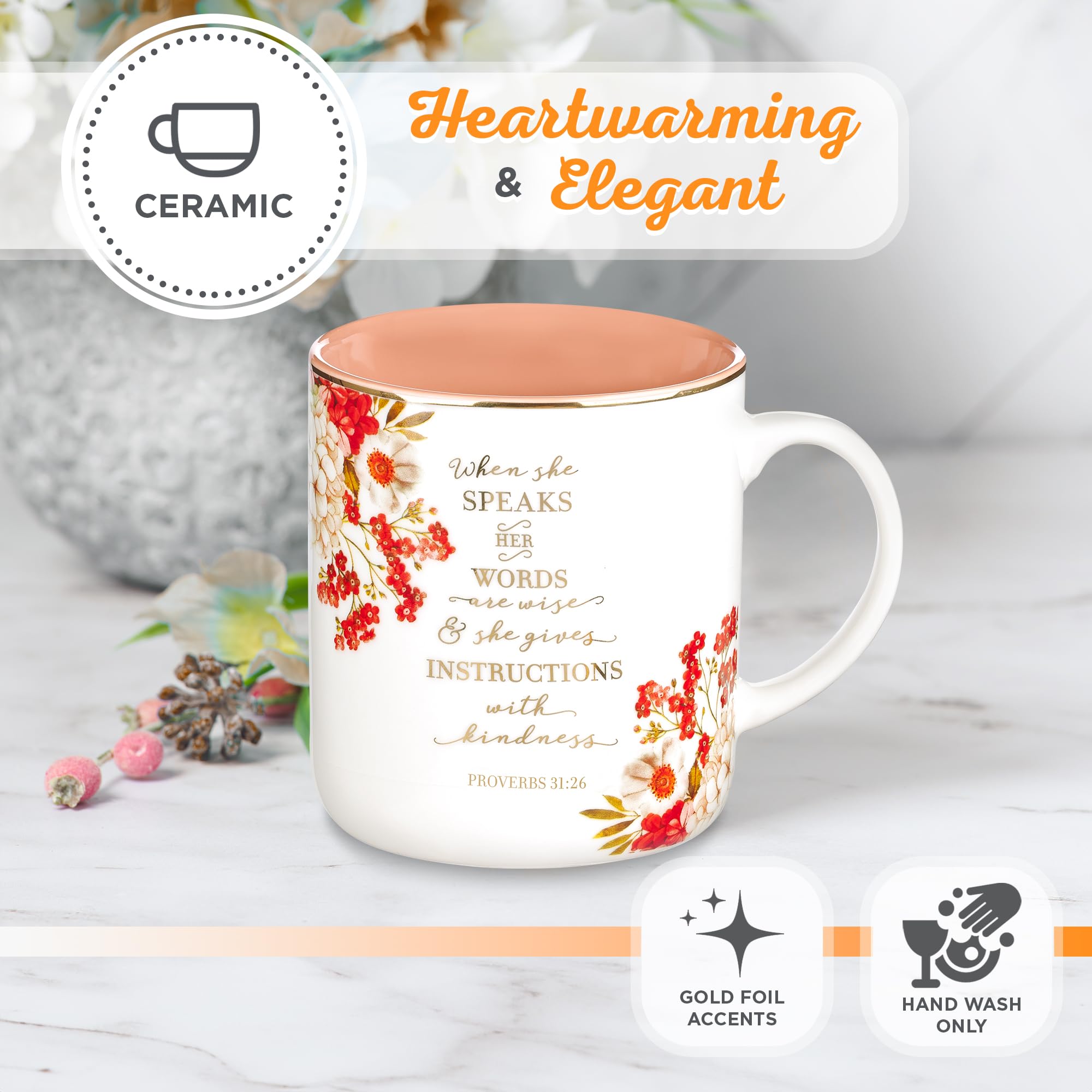 When She Speaks Proverbs 31 Woman Bible Verse Ceramic Coffee/Tea Mug  Pink/Red w/Gold Metallic Floral Christian Coffee Mug for Women  14 oz