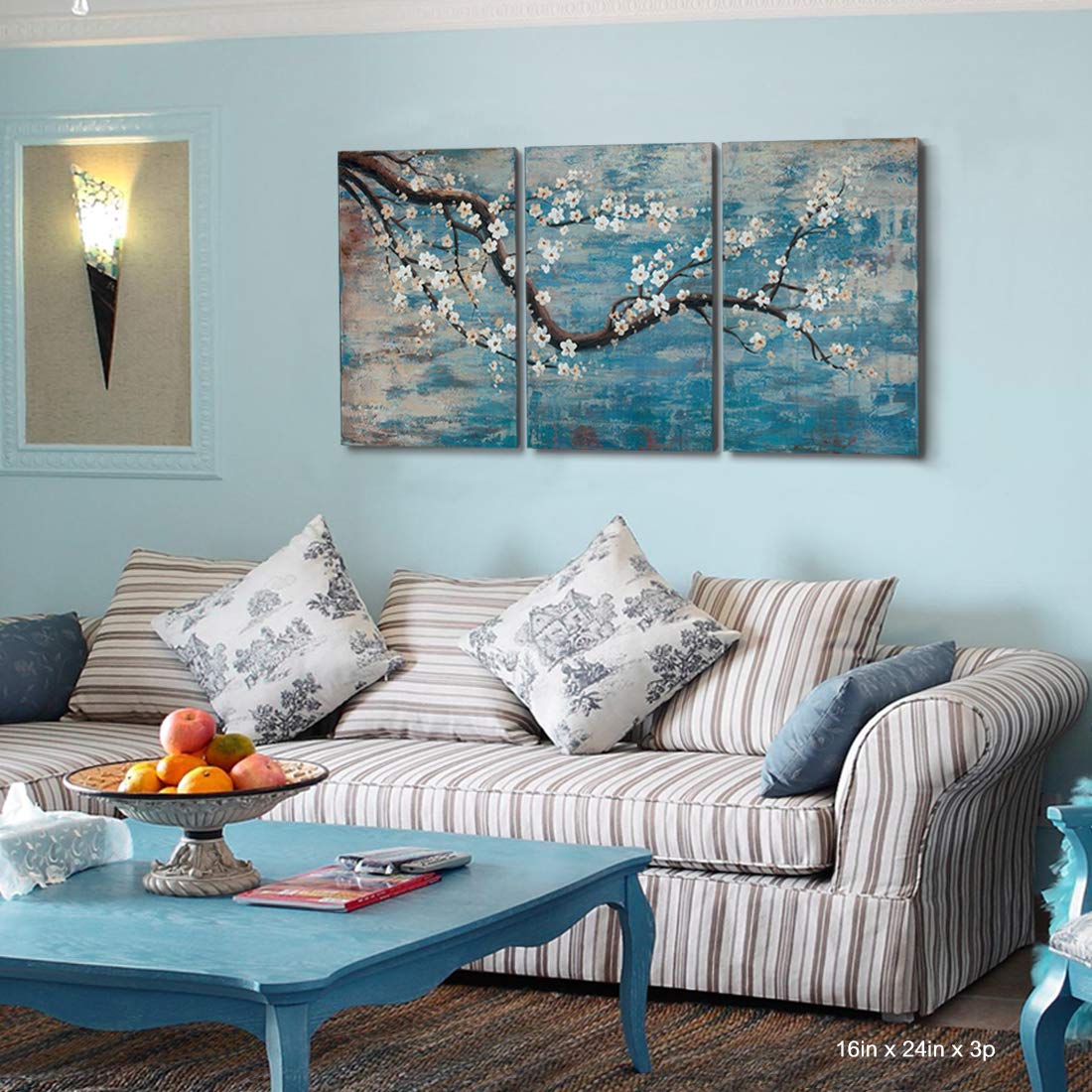 Wall Art for Living Room 100% Hand-Painted Flower Oil Painting On Canvas Gallery Wrapped Large Framed Floral Plum Blossom Tree Teal Blue Artwork for Home Bedroom Decor 48''x24''