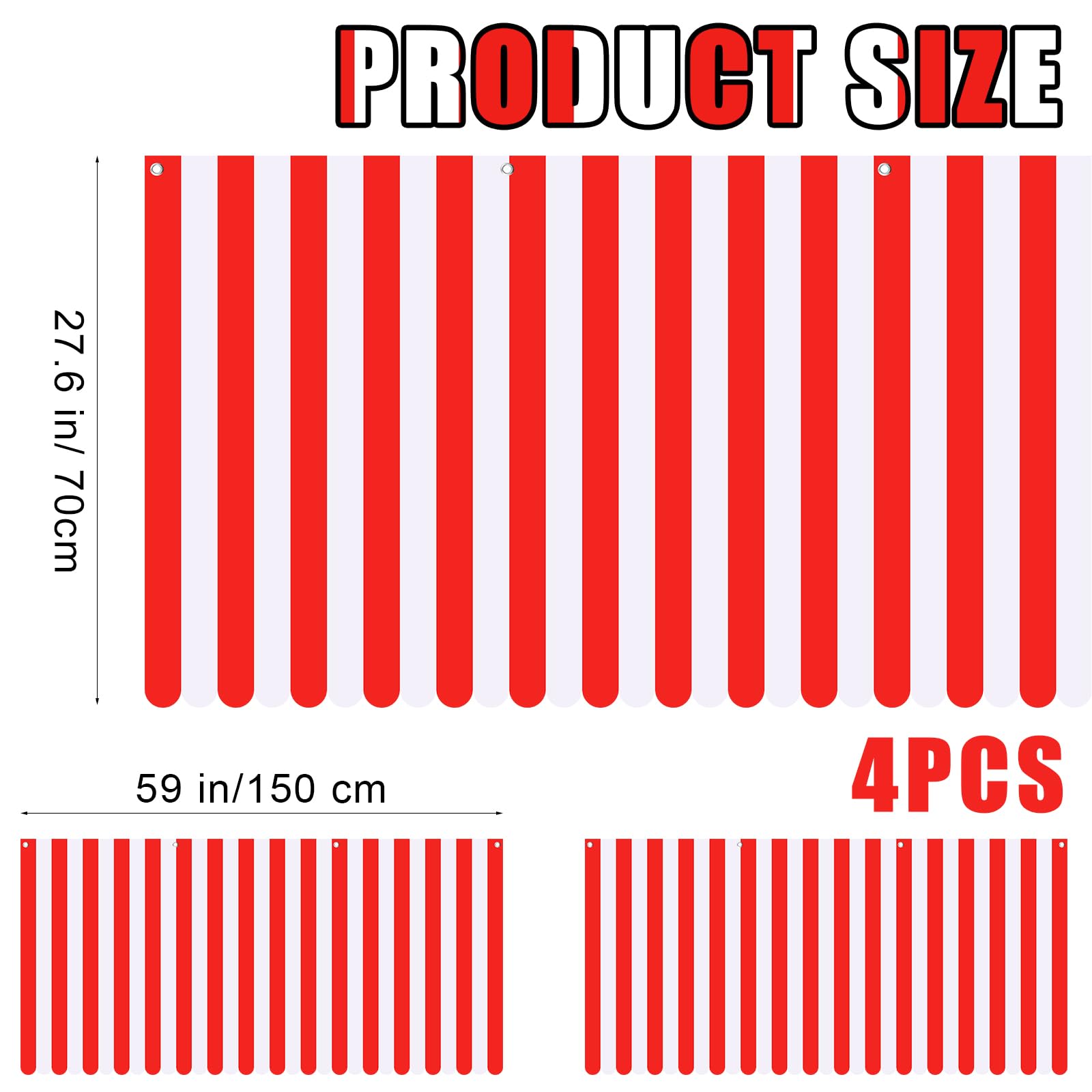 Preboun 4 Pcs 27.6  x 59   Circus Awning Decor Decorations Striped Carnival Tent Awning Decorations Red and White Wall Decor Hal