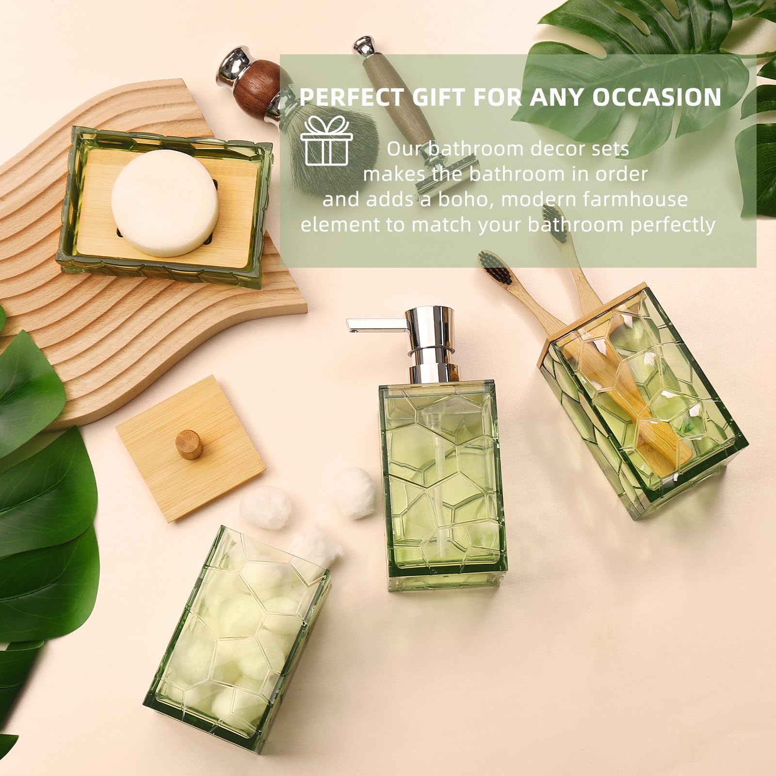 Gahefy Sage Green Bathroom Accessories Set, Toothbrush Holder, Soap Dispenser, Cotton Swabs Holder, Soap Dish, Toilet Brush With