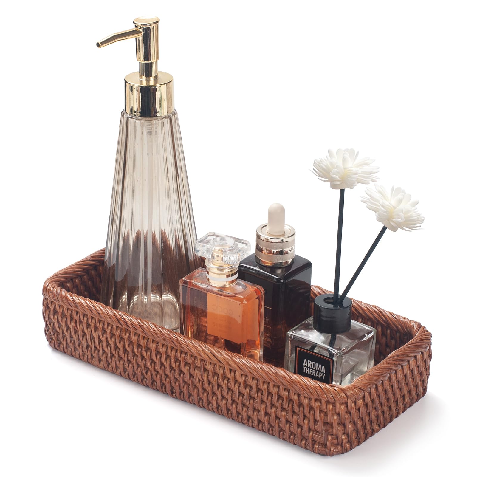 Rattan Bathroom Vanity Trays Toilet Tank Baskets Long Narrow Hand Towel Storage Basket For Storage, Decorative (Honey Brown 10.2