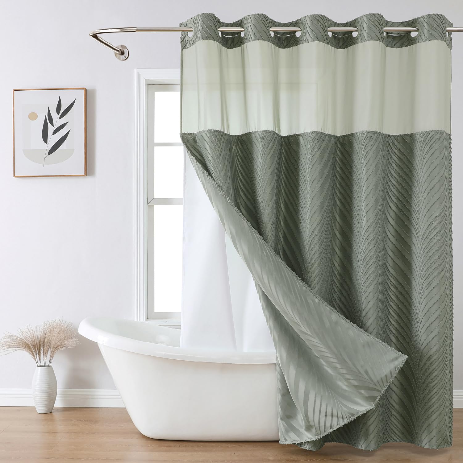 Eachope No Hook Shower Curtain And Liner Set,Boho Style With See Through Top Window, Sagegreen Fabric Tufted Striped Textured Ou