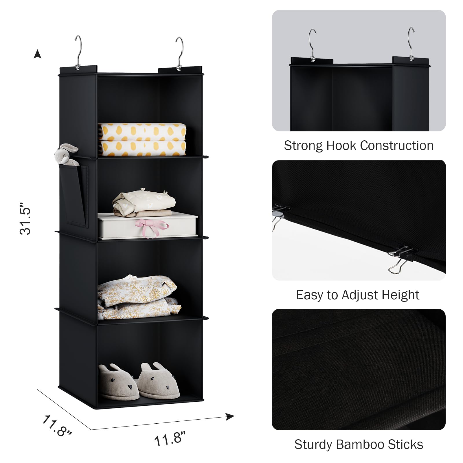YOUDENOVA 4-Shelf Hanging Closet Organizer, Engineered Wood, Black, Model YDDHC004-BLK-USJP