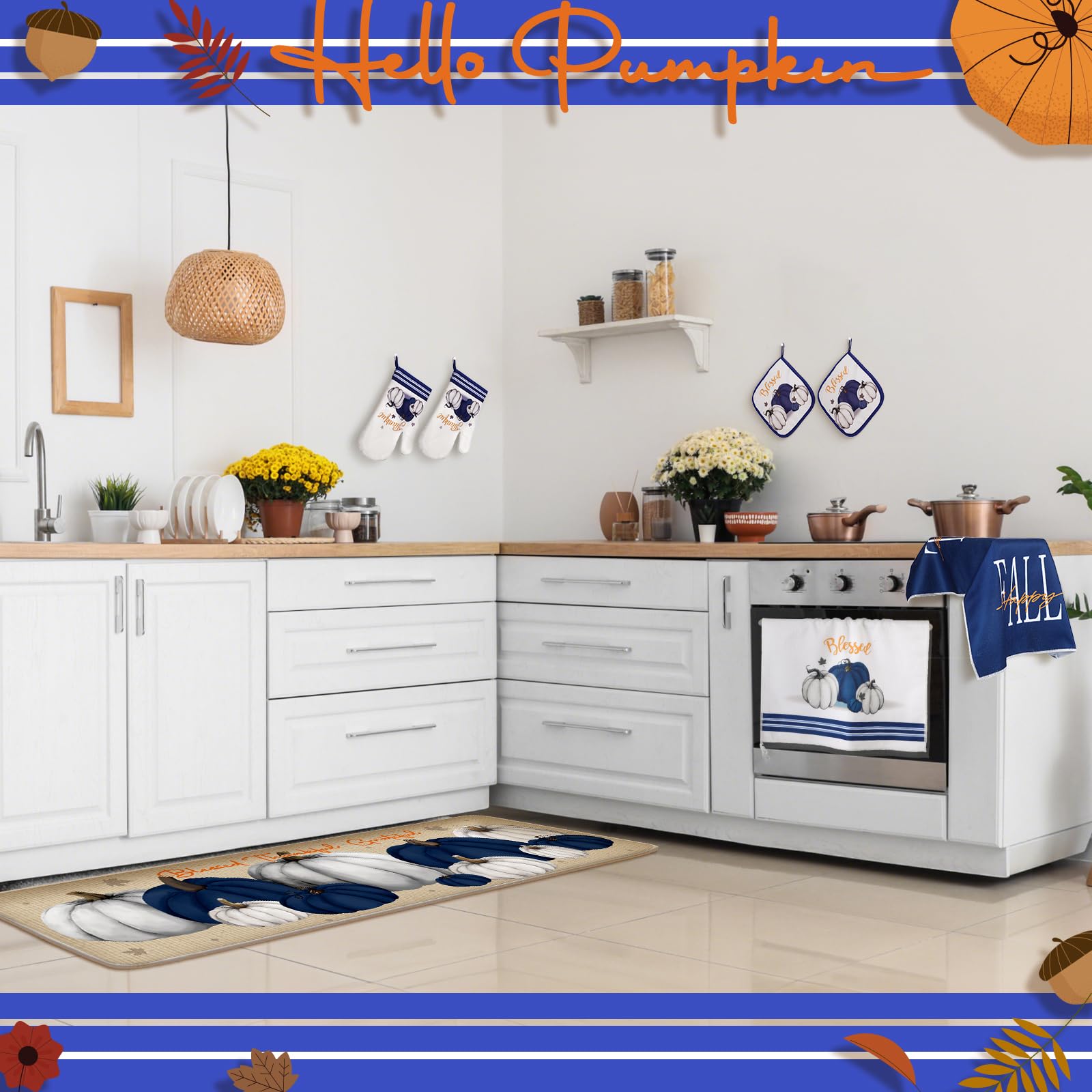 Fanfanwin 10 Pcs Thanksgiving Pumpkin Kitchen Decor Set Kitchen Towels Pot Holders Oven Mitts and Rugs Set Thanksgiving Decor fo