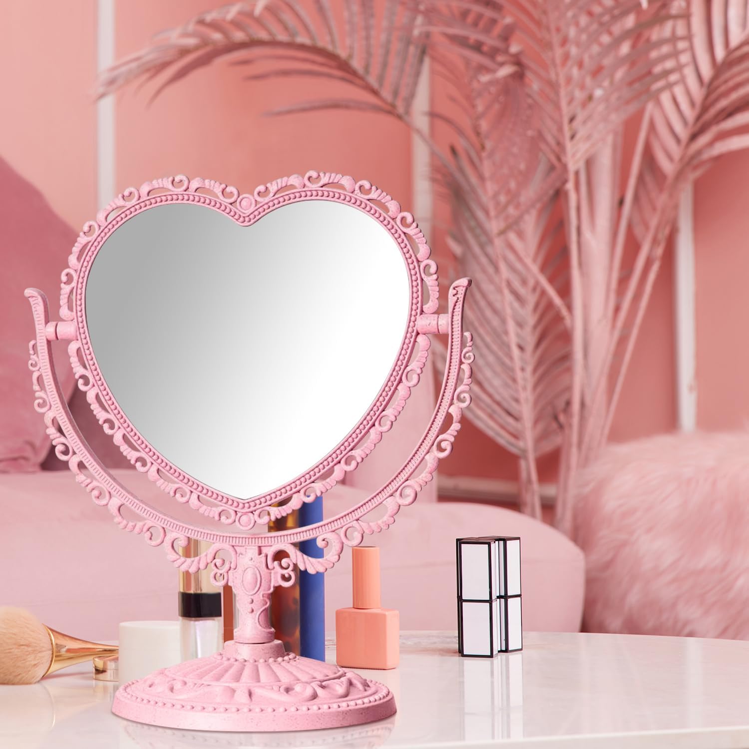 Qeeyon Pink Heart Vanity Mirror 360 Degree Swivel Makeup Mirror Aesthetic Mirror Double Sided Table Desk Countertop Mirror Stand