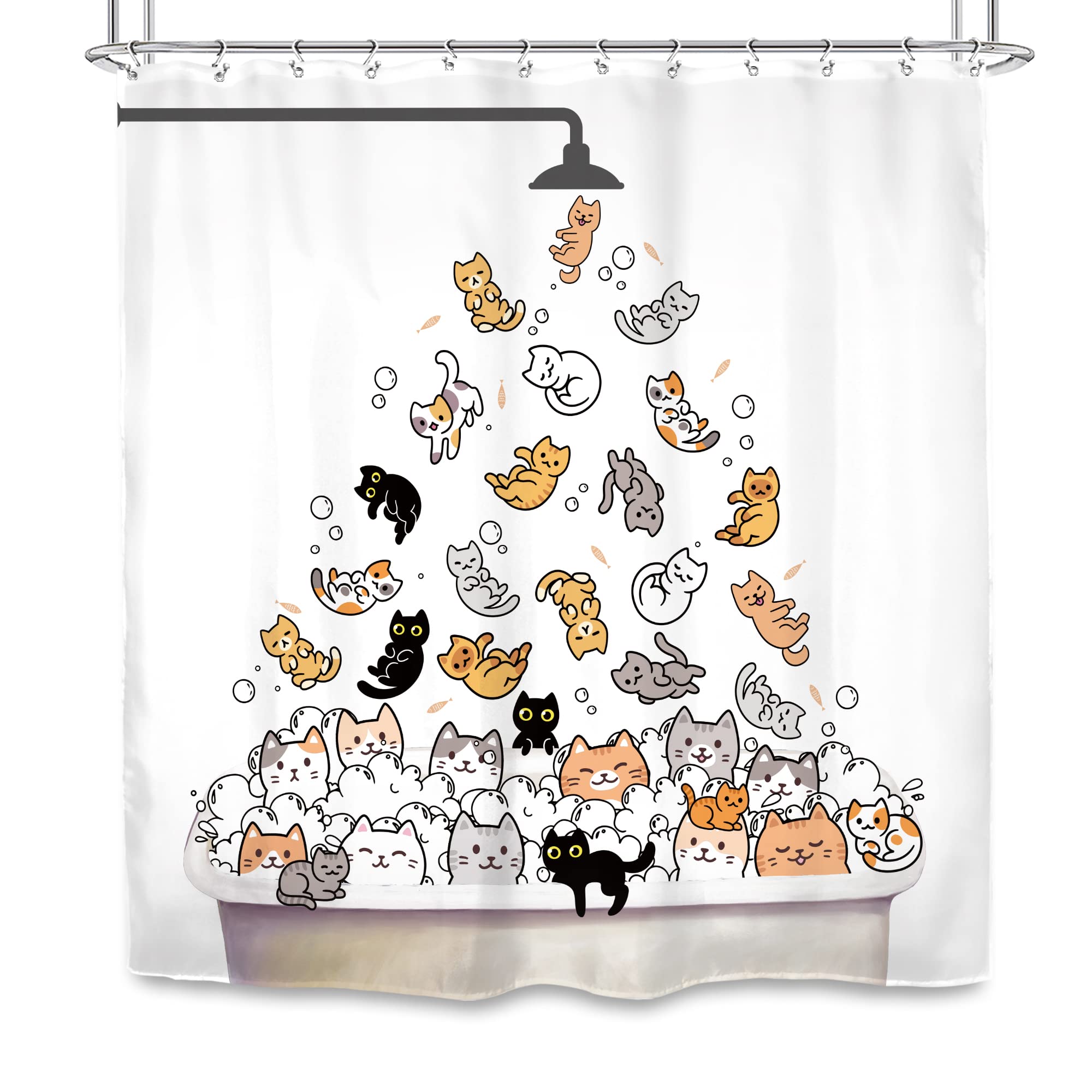 SVBright Cute Cat Shower Curtain for Kids Children 72Wx72L Inch Funny Cartoon Animal Raining Colorful Hilarious Lovely Pets Playing Water Bathroom Waterproof Polyester Fabric Bathtub 12 Pack Hooks