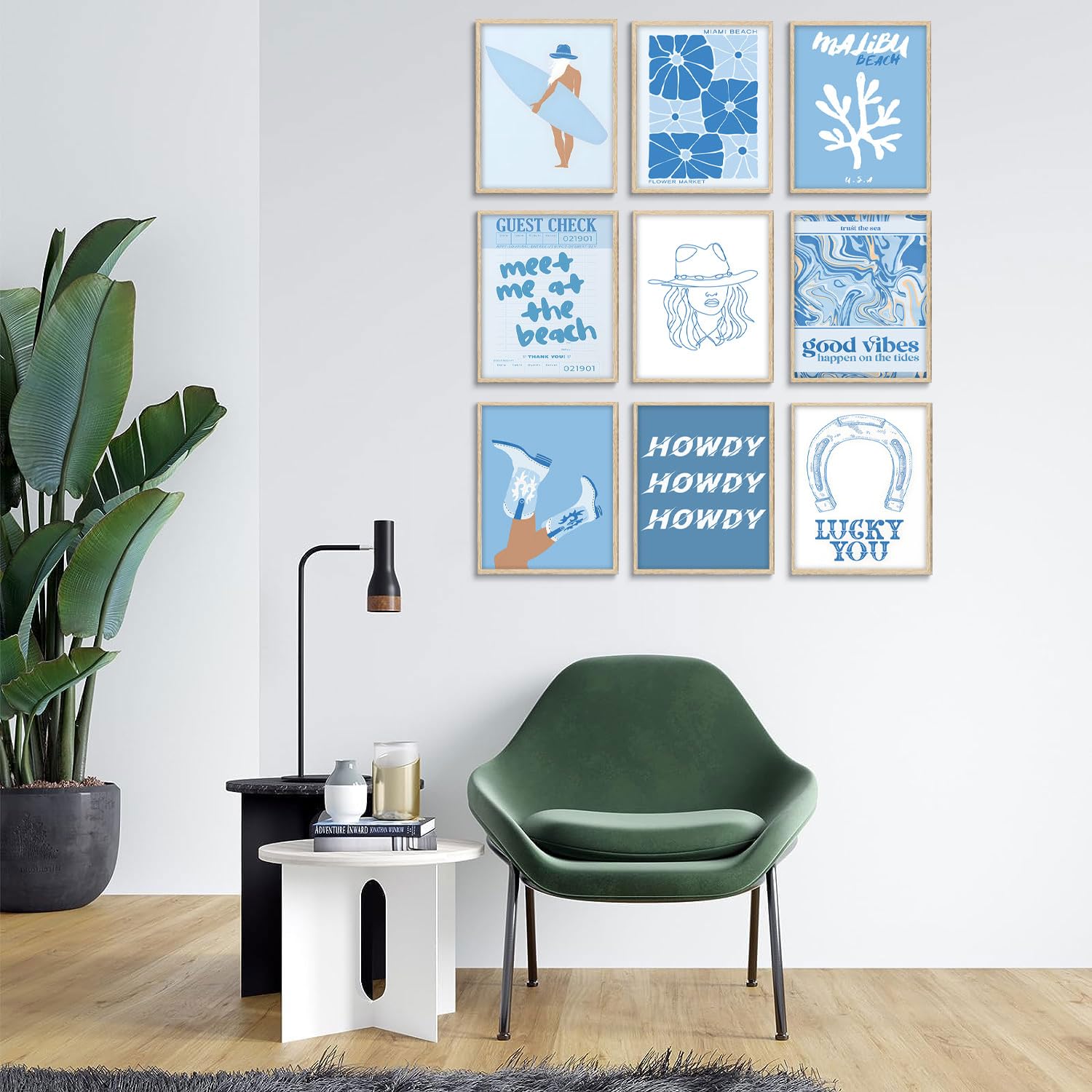 9Pcs Coastal Cowgirl Wall Art, Surfer Girl Canvas Posters Blue Beachy Cowgirl Room Decor Preppy Aesthetic Pictures Prints For Te