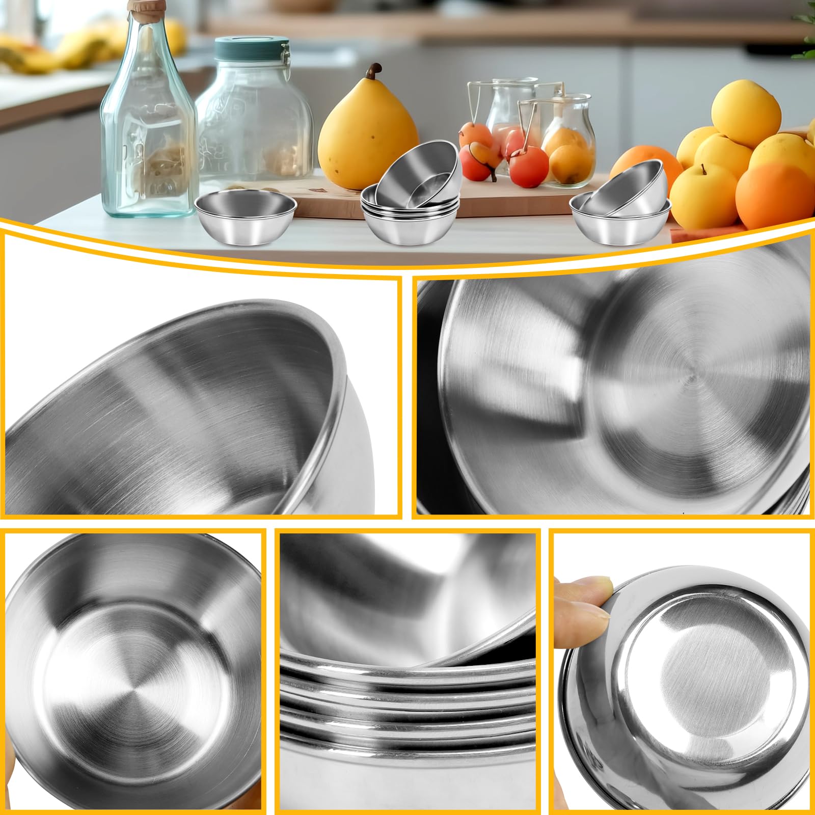 Billioteam 6 Pcs Stainless Steel Sauce Dishes, Round Seasoning Bowls, Mini Appetizer Plates, Sushi Dipping Bowl Mixing Saucers (
