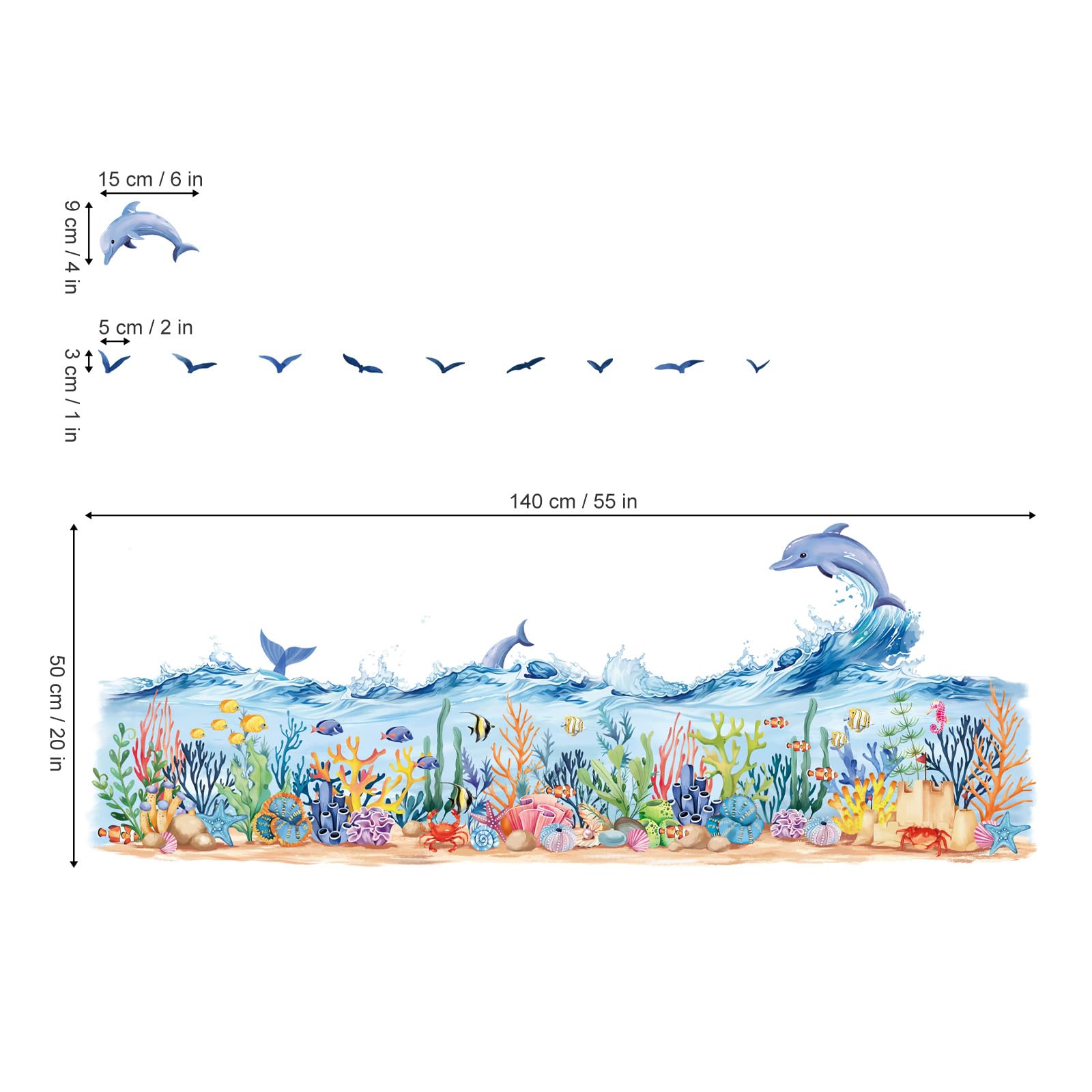 Decalmile Under The Sea Seaweed Grass Wall Decals Dolphins Fish Ocean Wave Baseboard Skirting Line Wall Stickers Kids Bedroom Ba