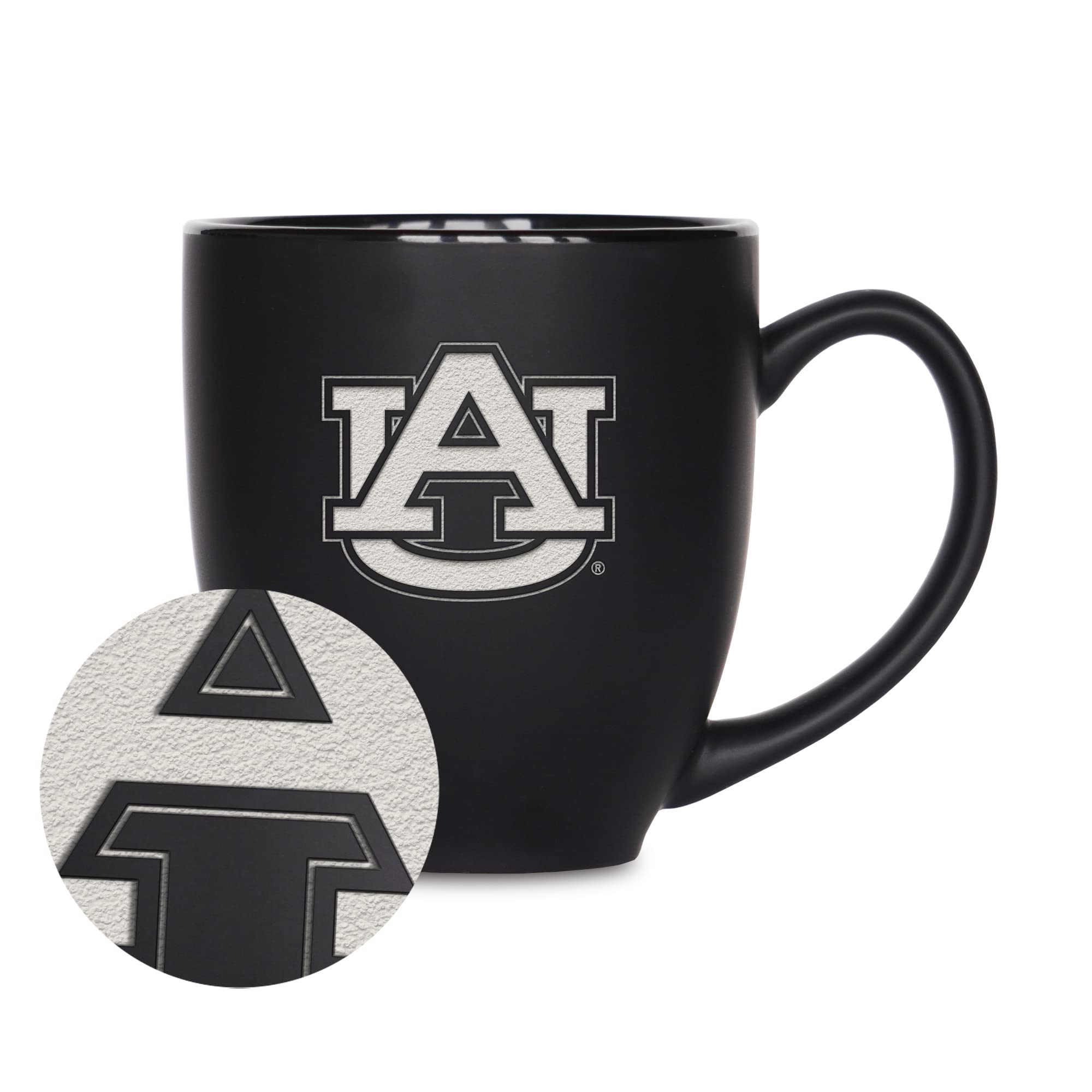 Rico Industries NCAA Auburn Tigers Main 15oz Laser Engraved Matte Black Ceramic Bistro Mug - For Hot or Cold Drinks
