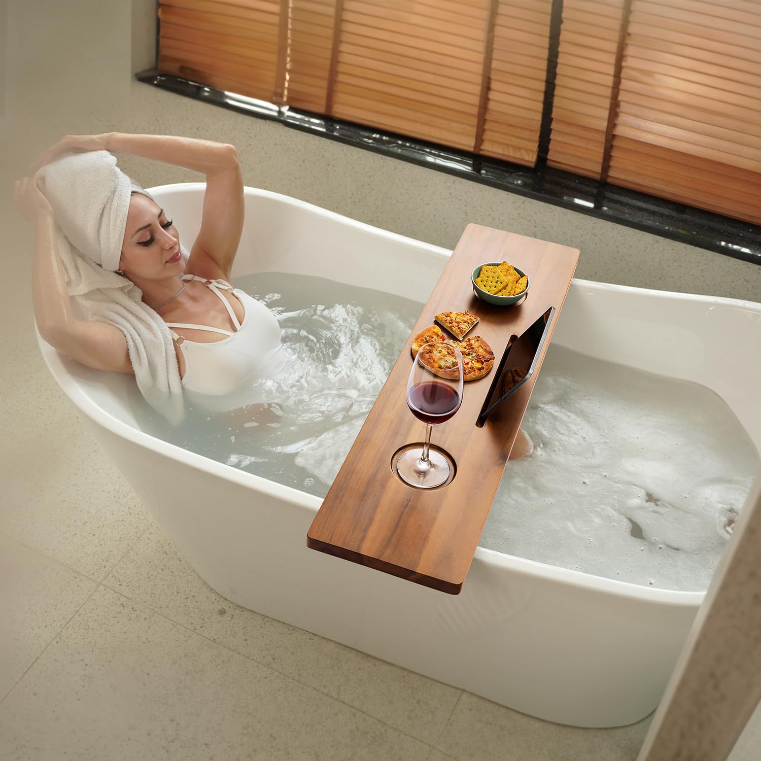 Tinamo Acacia Bathtub Caddy Tray Table | 35X9 Inch Large Bath Tub Tray Wooden | Anti-Tipping, Sustainable Tub Tray For Bathtub |