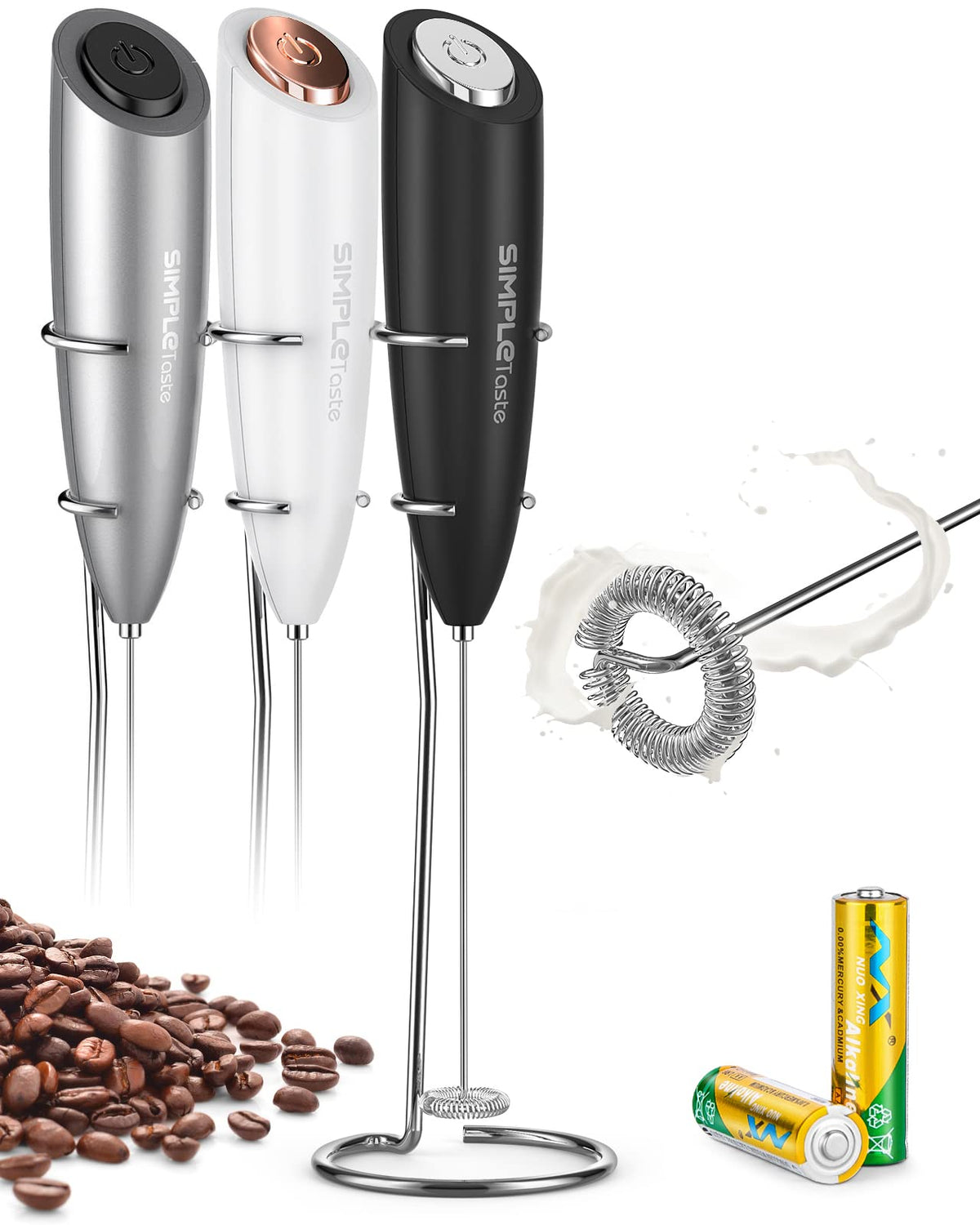 Simpletaste Milk Frother Handheld Battery Operated Electric Foam Maker, Drink Mixer With Stainless Steel Whisk And Stand For Cap
