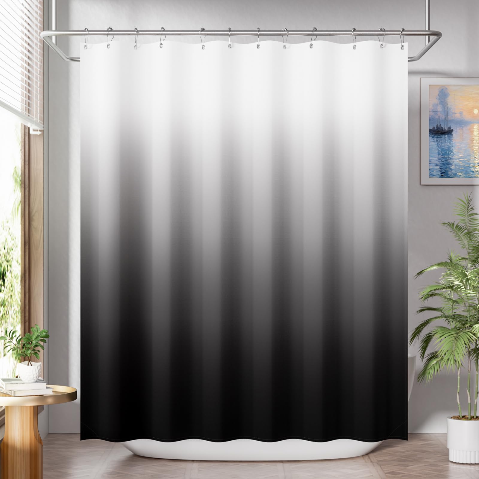 AmazerBath Shower Curtain Sets  Cloth Ombre Black Shower Curtain with 12 Shower Curtain Hooks  Washable Fabric Black and White Shower Curtain  Rustic Farmhouse Bathroom Shower Curtain  72x72 Inches