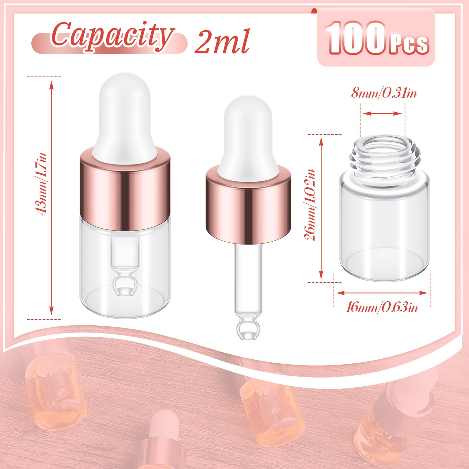 Didaey 100 Pcs Mini Glass Dropper Bottle Bulk, 2 Ml Rose Gold Clear Essential Oil Dropper Bottles Small Tincture Empty Bottles S