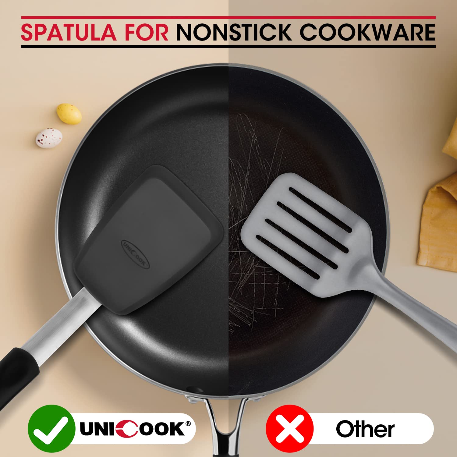 Unicook 2 Pack Flexible Silicone Spatula, Turner, 600F Heat Resistant, Ideal For Flipping Eggs, Burgers, Crepes And More, Black