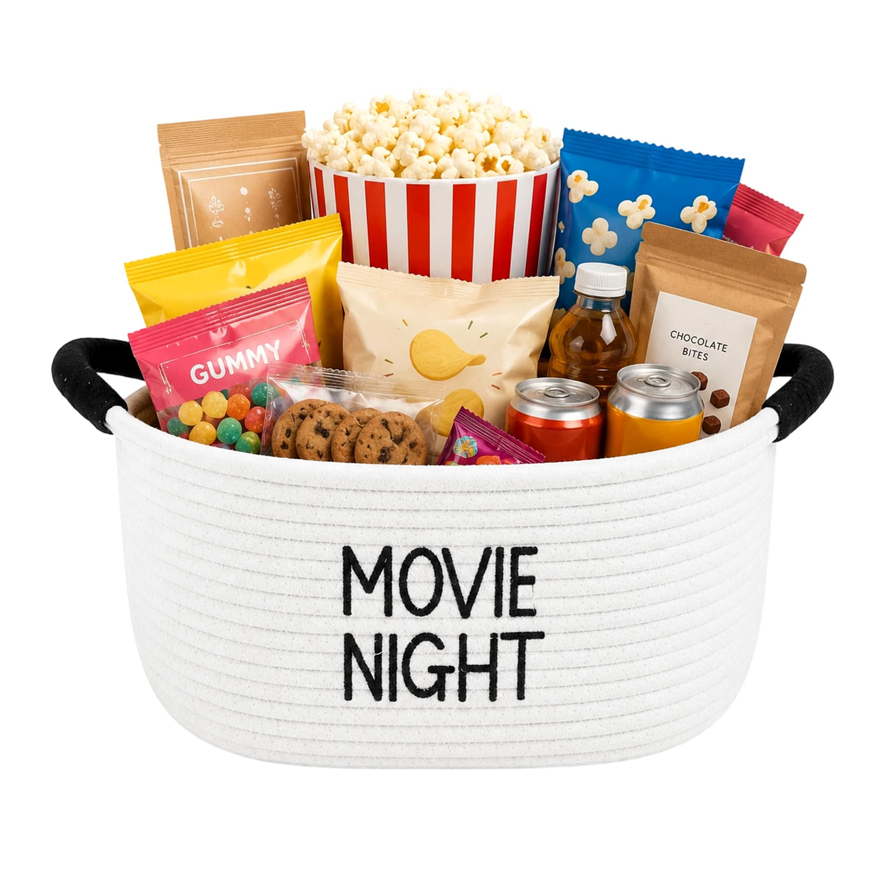 Klmnop Movie Night Snack Basket with Handles, Large Cotton Rope Basket for Movie Night Supplies, Snack Trays for Couch, Popcorn 