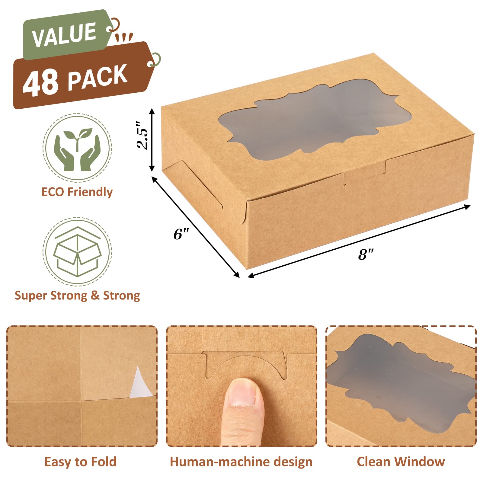 TOMNK 48pcs 8x6x2.5 Inches Cookie Boxes Bakery with Window Brown Treat Pastry Dessert for Chocolate Strawberries Muffins Donuts and Party Favor (3 Style Windows)