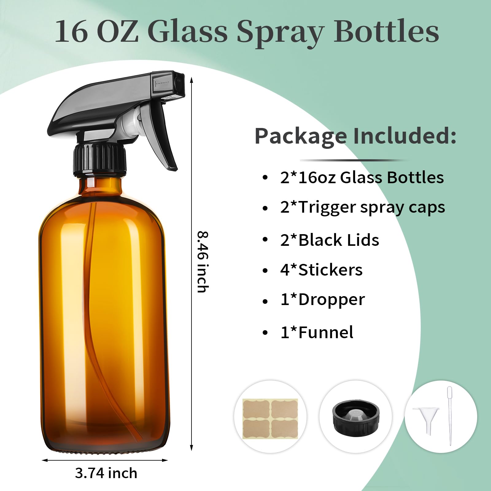 Givameihf 16Oz Amber Glass Spray Bottles,2 Pack Glass Spray Bottles Refillable Empty Bottle With Adjustable Nozzle,Spray Bottle