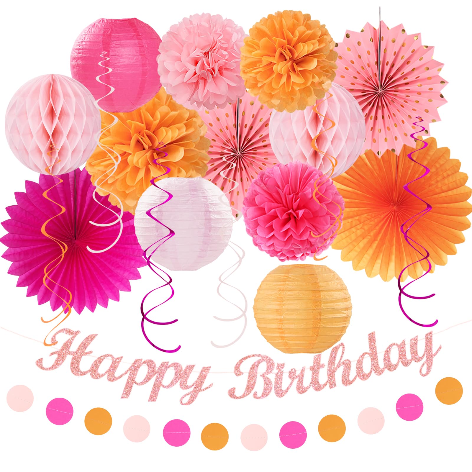 Hot-Pink Orange Fall Birthday Party-Decorations - 21Pcs Autumn Women Peach Happy Banner,Girls Groovy Paper Streamers Lanterns Ho