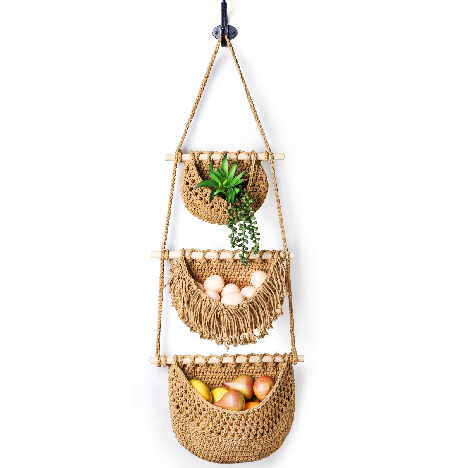 Lawei 3 Tier Hanging Fruit Basket, Wall Hanging Vegetable Fruit Baskets Cotton Woven Storage Baskets For Organizing, Boho Wall B