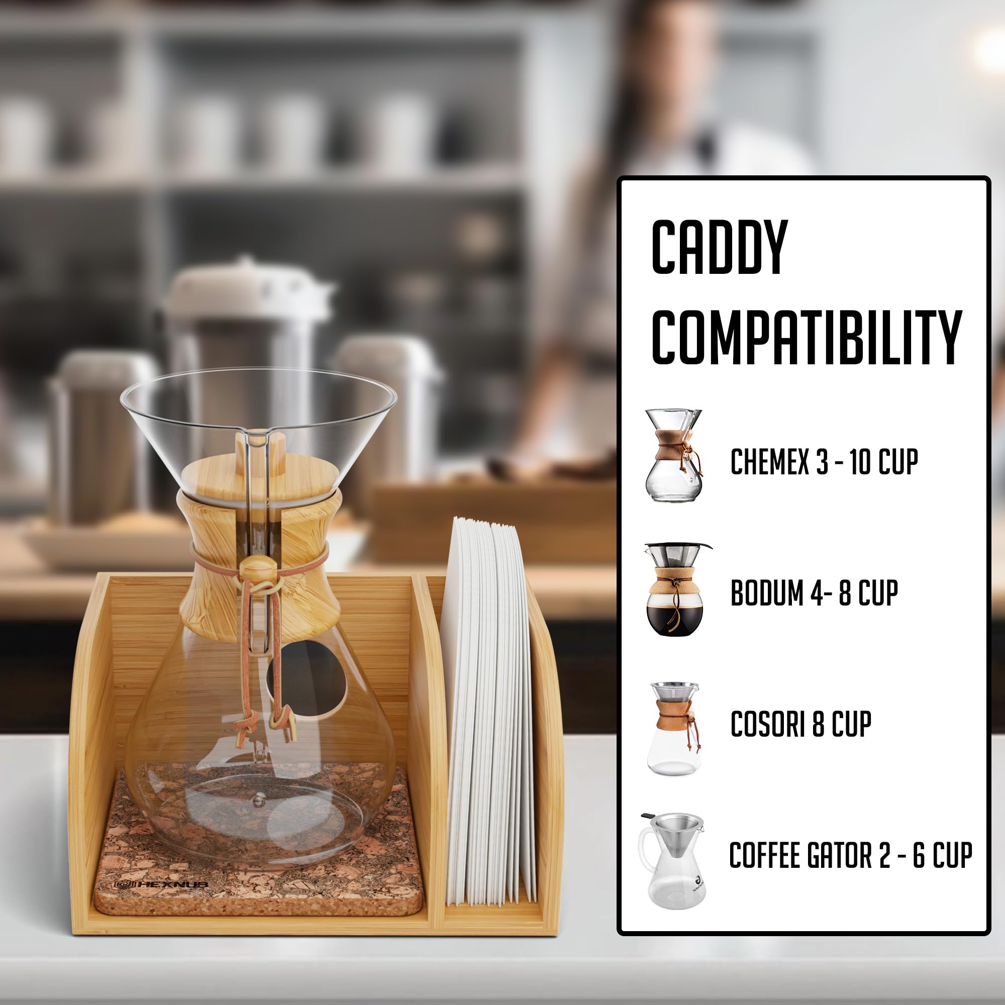Hexnub - Caddy And Lid For Pour Over Coffee Maker, Bamboo Stand Fits Chemex, Bodum, Cosori Coffee Carafes, Heatproof Mat, Filter