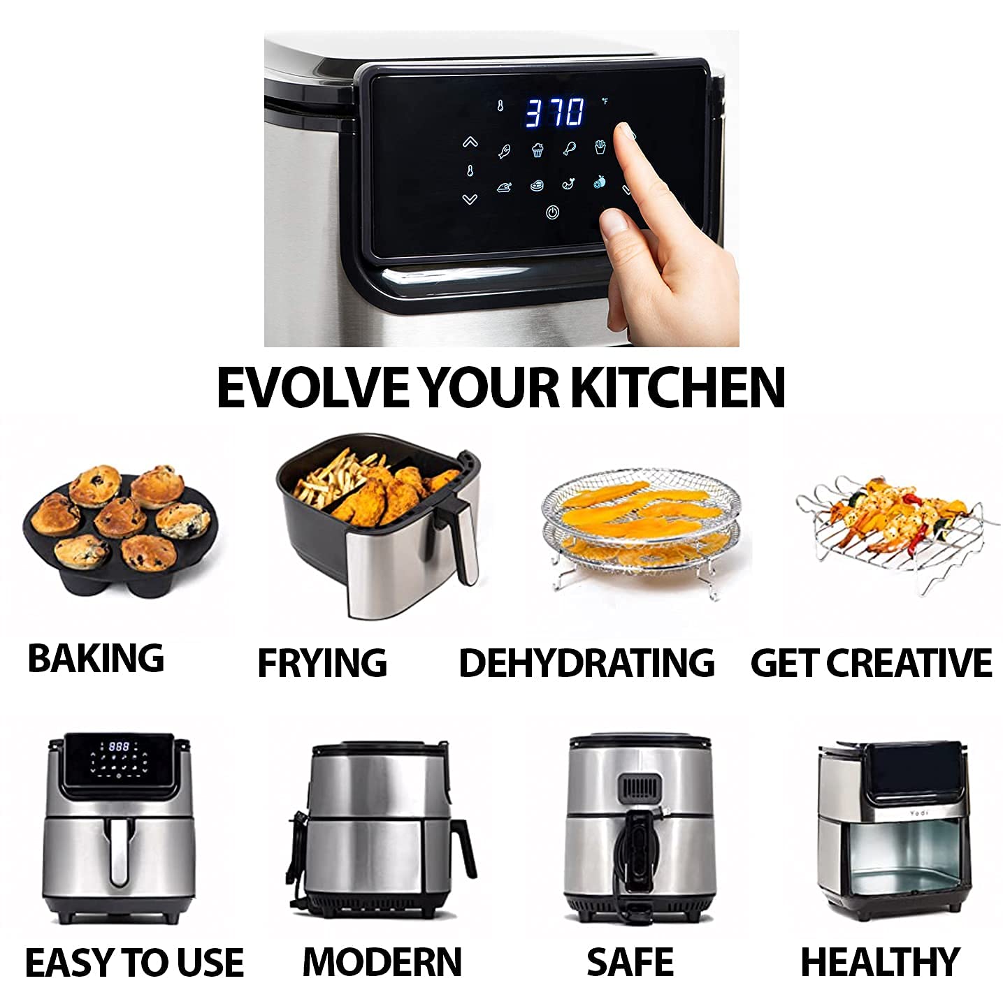 Yedi Evolution Air Fryer, 6.8 Quart, Stainless Steel, Ceramic Cooking Basket, With Deluxe Accessory Kit And Recipe Book