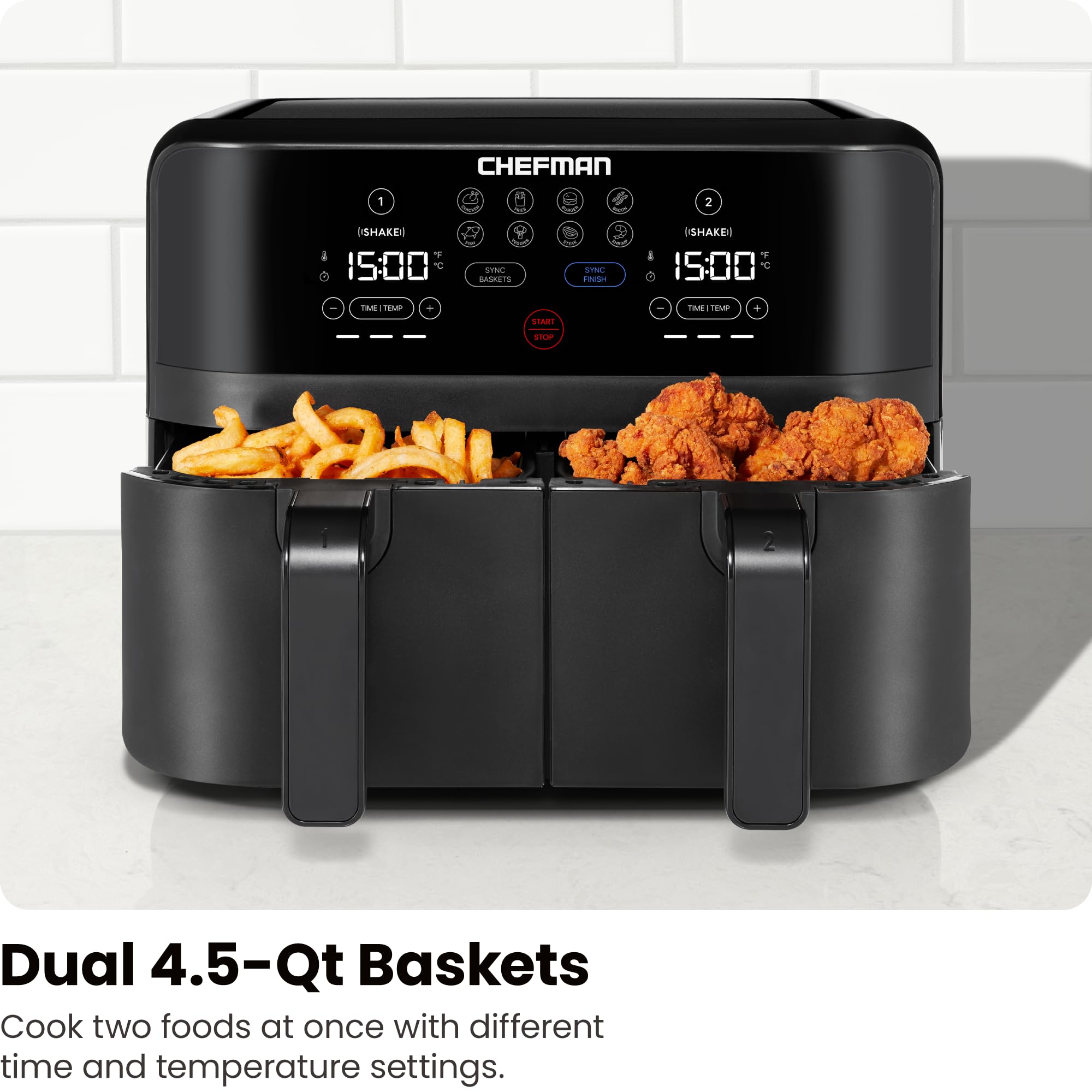 Chefman TurboFry Touch Dual Air Fryer  Maximize The Healthiest Meals With Double Basket Capacity  One-Touch Digital Controls And Shake Reminder For The Perfect Crispy And Low-Calorie Finish