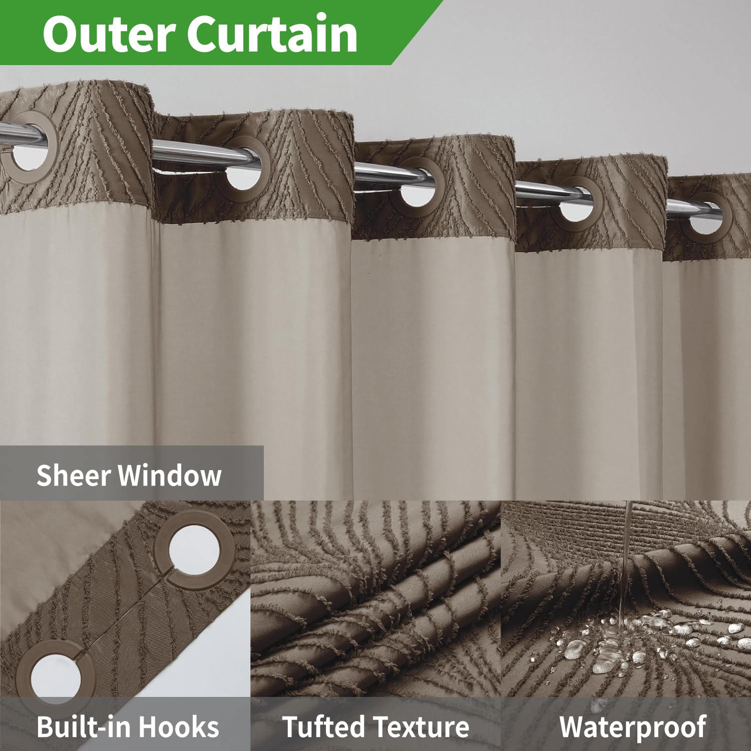 Eachope No Hook Shower Curtain And Liner Set,Boho Style With See Through Top Window, Brown Fabric Tufted Striped Textured Outer