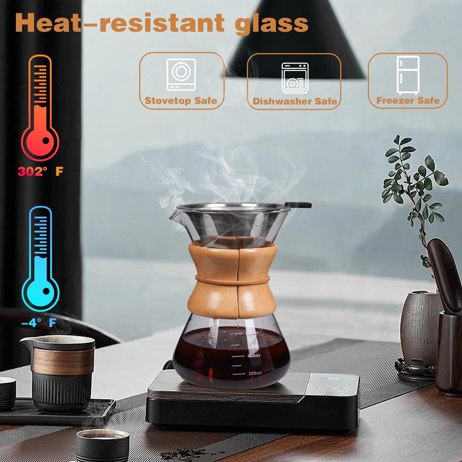 Cofisuki Pour Over Coffee Maker With Reusable Stainless Steel Drip Filter, Lead-Free Borosilicate Glass Coffee Carafe With Moder