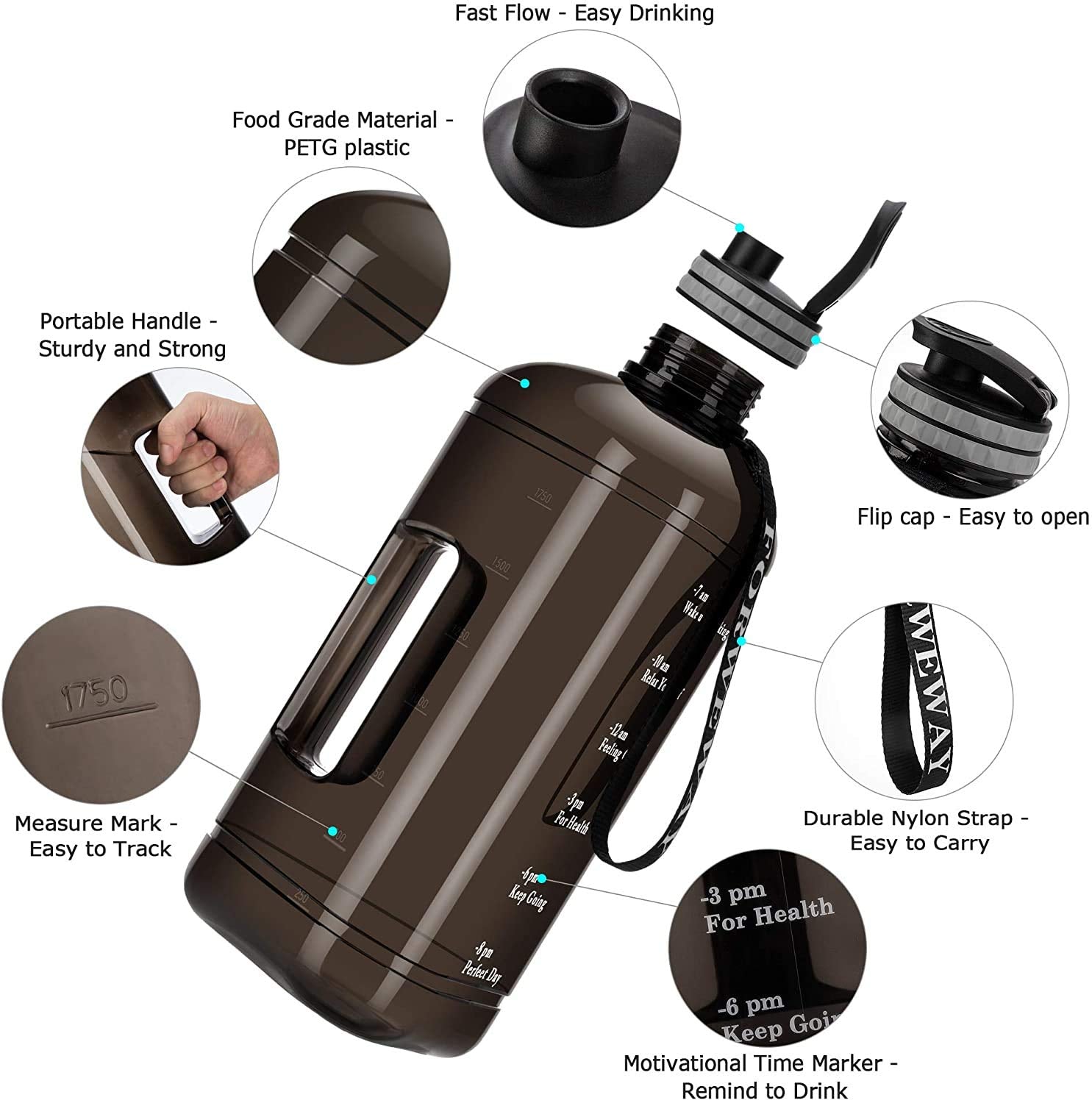 Forweway Half Gallon Water Bottle With Handle 2.2L/74Oz Large Plastic Water Bottles Bpa Free Water Bottles With Strap Portable W
