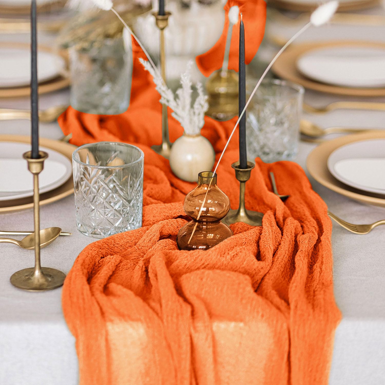 Fanproms Orange Cheesecloth Table Runner Boho Rustic Gauze Table Runner 10Ft Cheese Cloth Wedding Table Decorations For Fall Hal