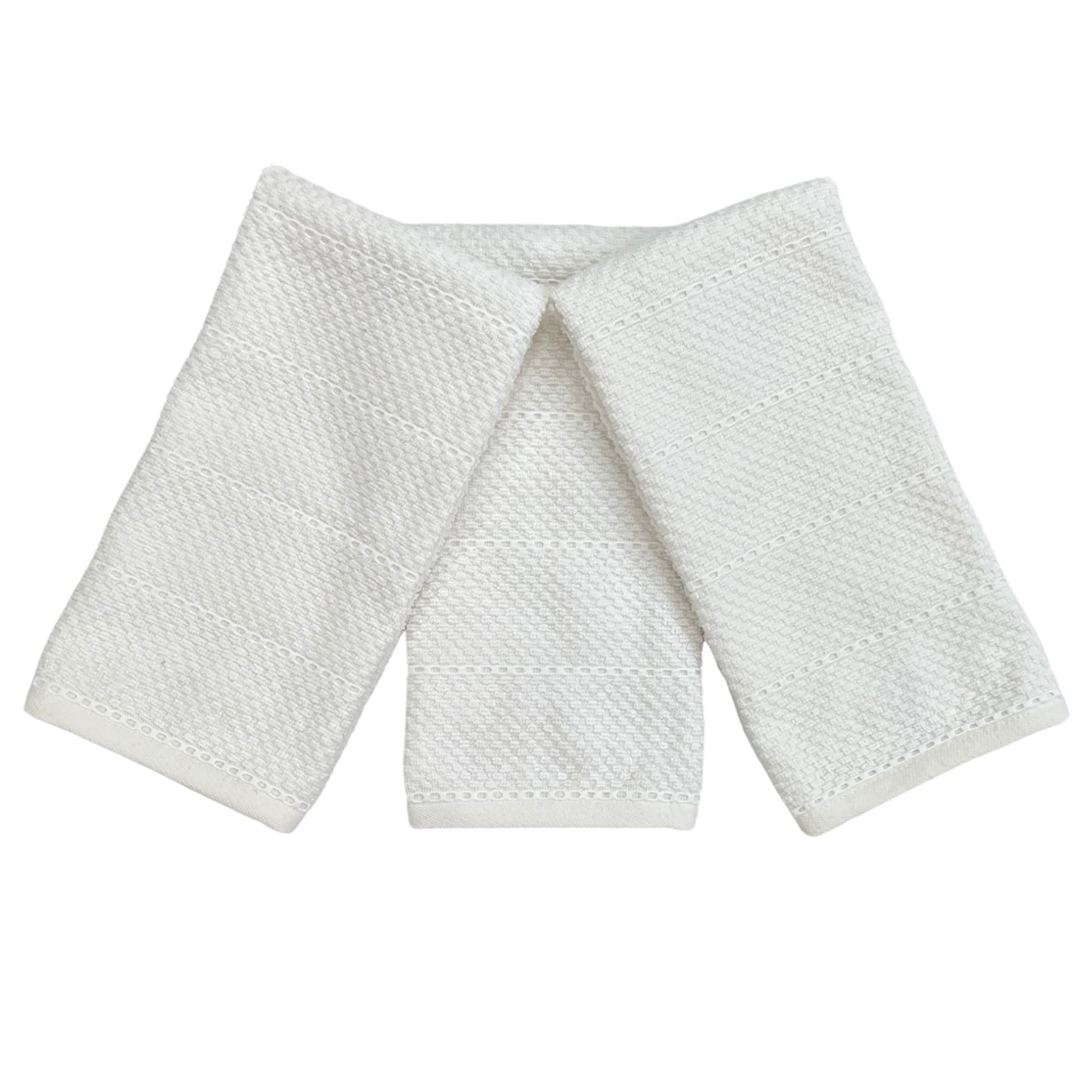 White Kitchen Hand Dish Towels: 100% Cotton Cloth Soft Cleaning Drying Absorbent Textured Terry Loop, Set Of 3 Multipurpose For
