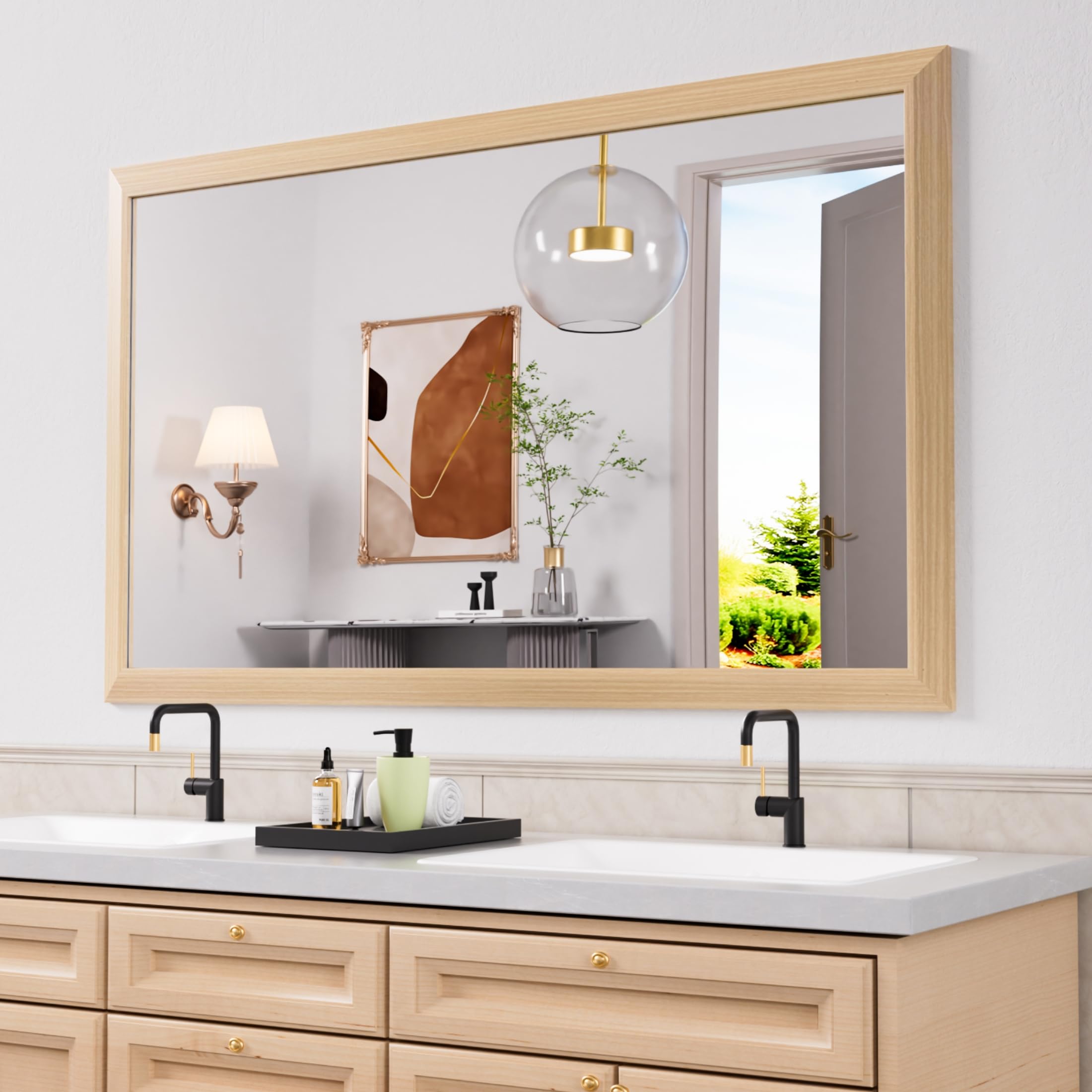 Amorho Bathroom Mirror, 60 X36 Inch Wall Mirror, Oak Wood Grain Metal Framed, Anti-Rust, Hang Horizontally/Vertically, Suitable 