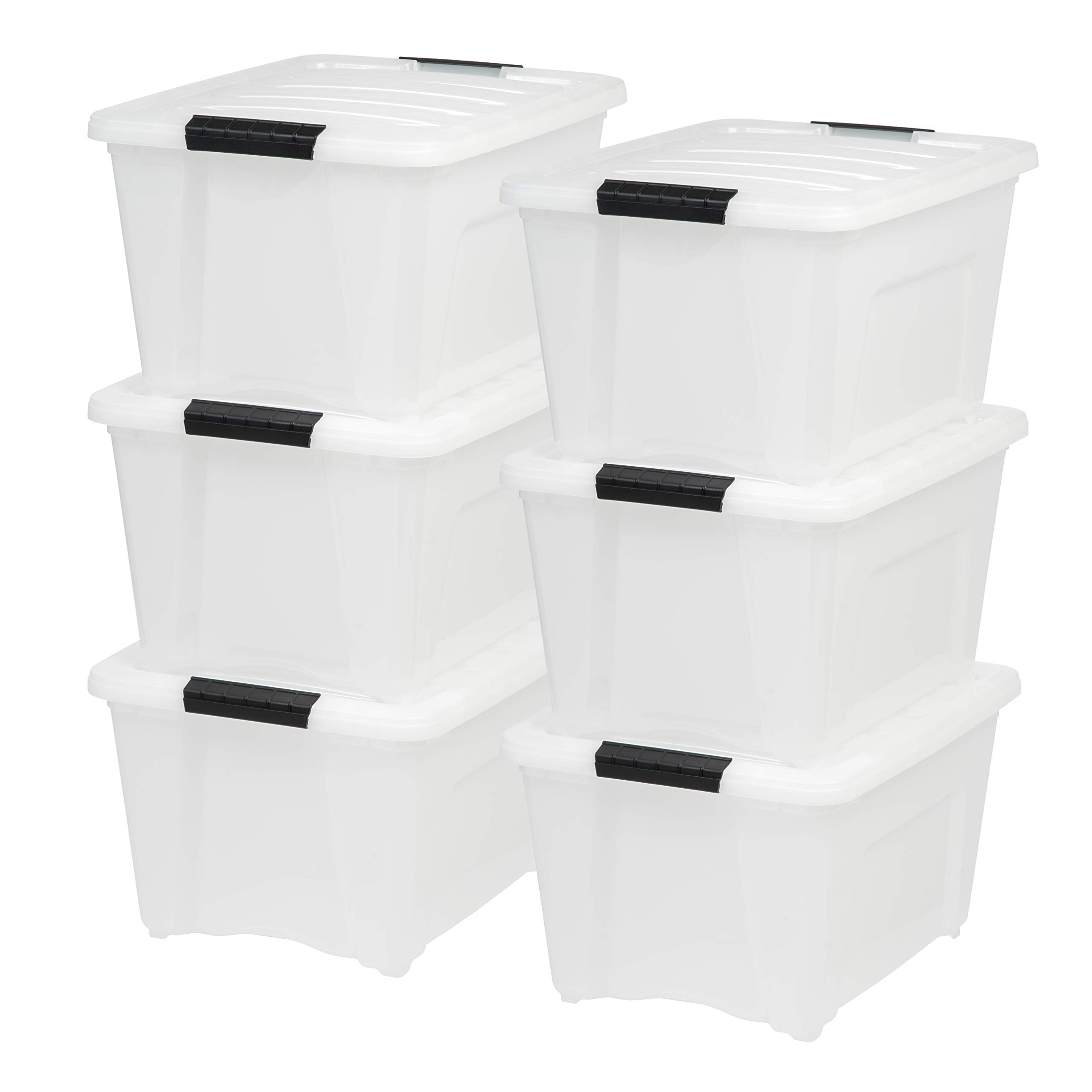IRIS USA 32 Qt. Plastic Storage Container Bin with Secure Lid and Latching Buckles  6 pack - Pearl  Durable Stackable Nestable Organizing Tote Tub Box Toy General Organization Medium