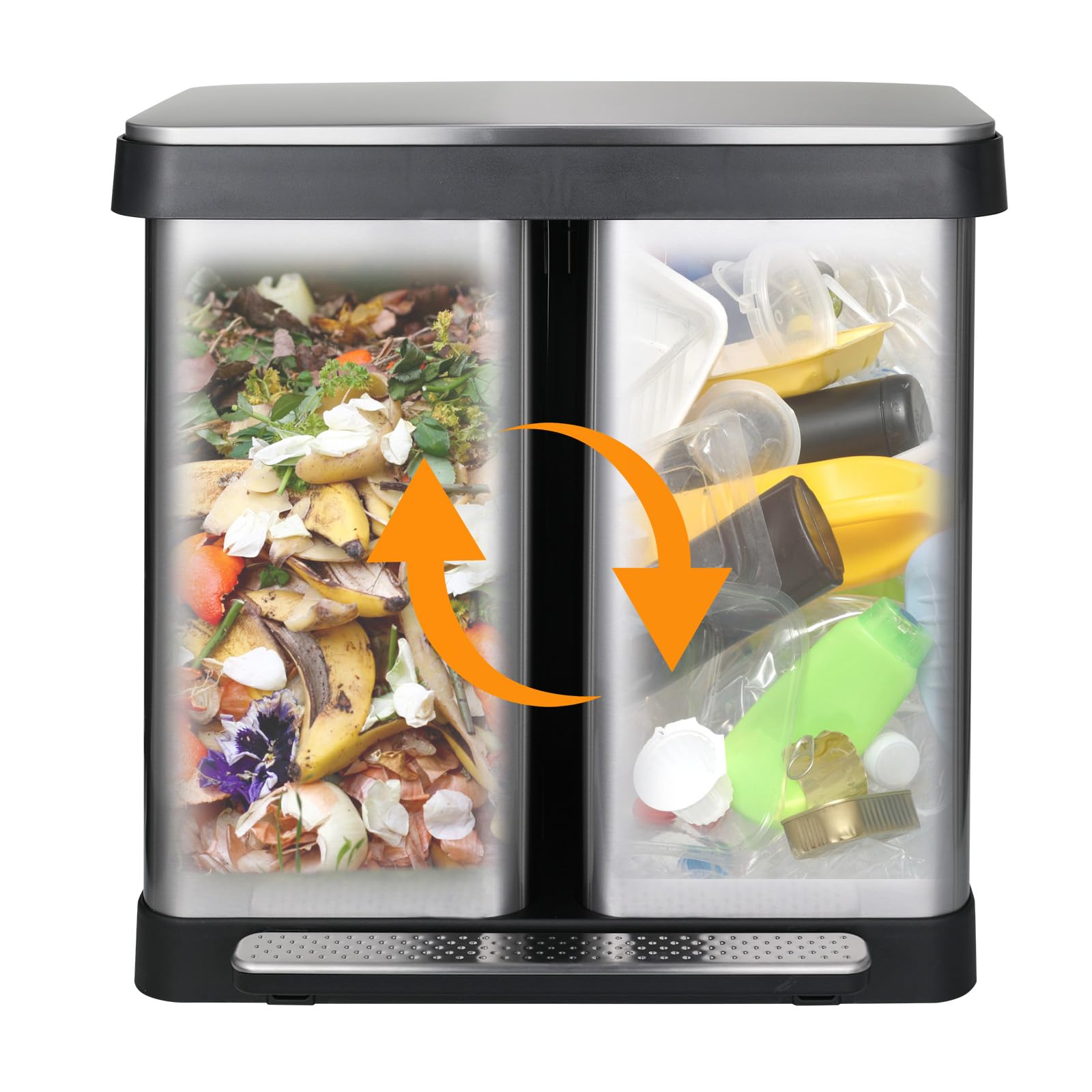 Arlopu 16 Gallon Dual Trash Can, 60L(2X30L) Stainless Steel Kitchen Garbage Can, Step-On Classified Recycle Garbage Bin With Rem