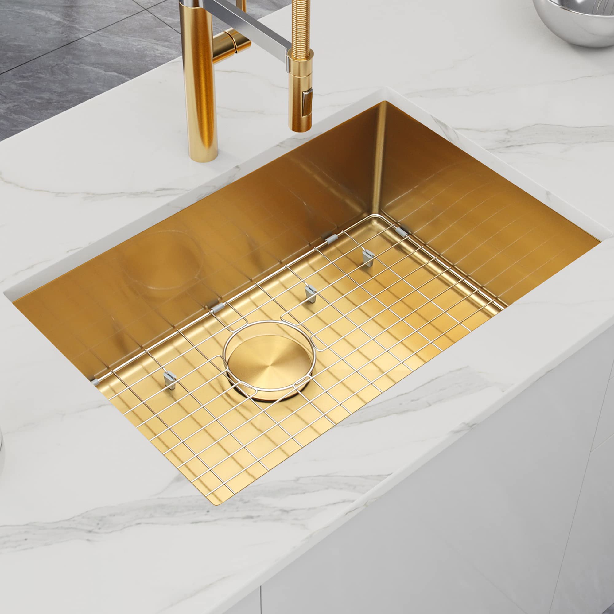 Lonsince Gold Kitchen Sink 27x18 inch,Undermount Single Bowl Kitchen Sink,Stainless Steel Kitchen Sink