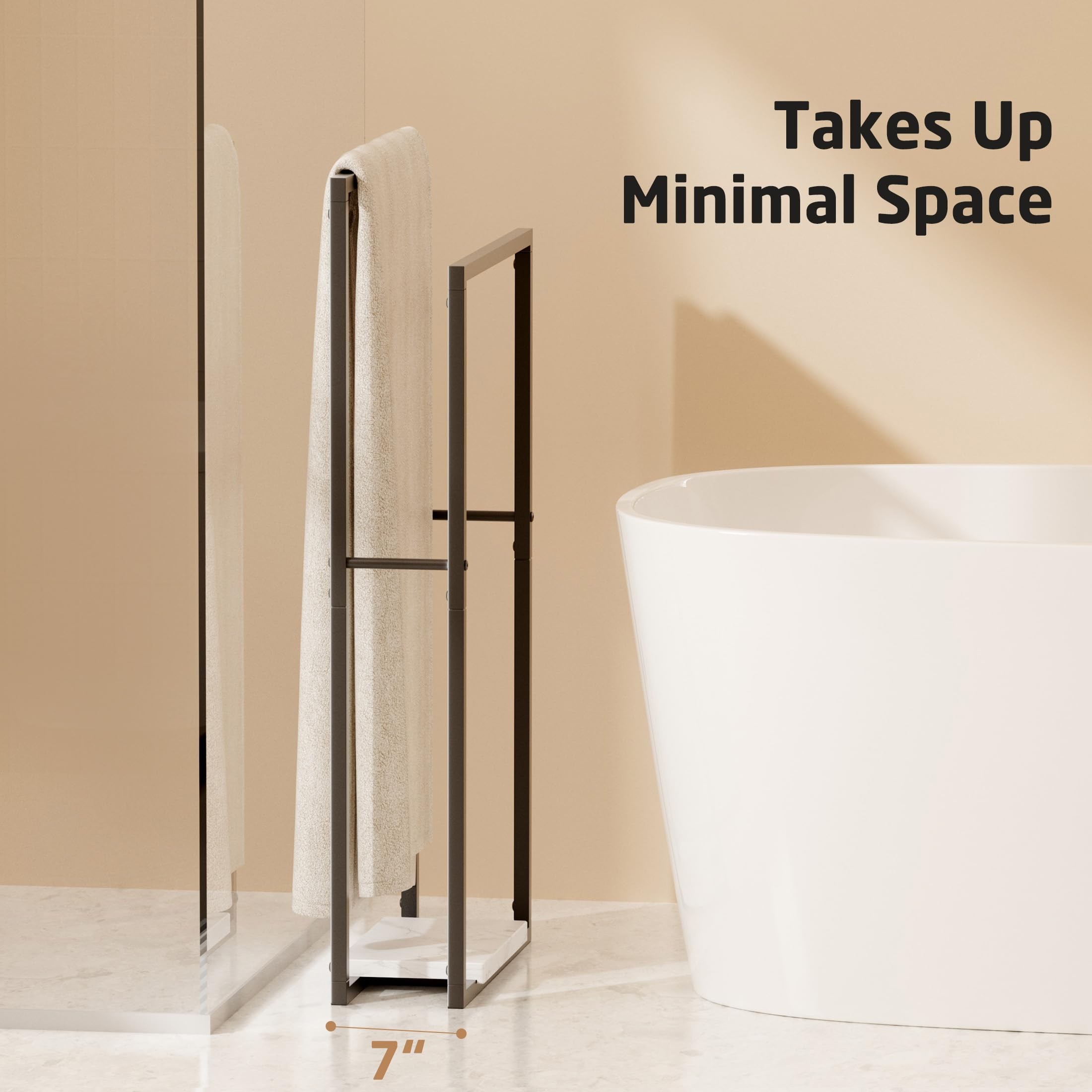 Kes Standing Towel Racks For Bathroom With Heavy Marble Base, 38'' H Towel Rack Stand For Bathroom 2-Tier, Blanket Rack For Bath