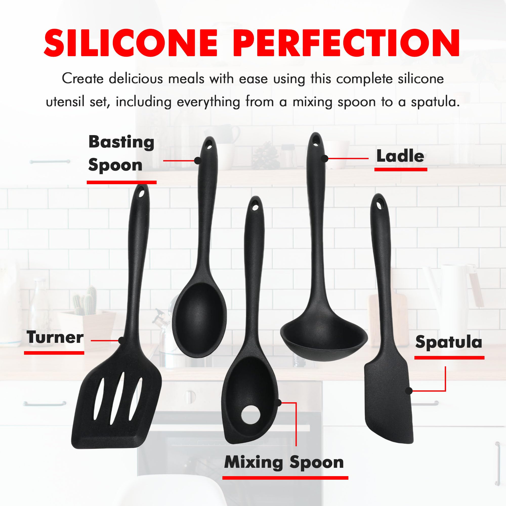 Chef Craft Premium Silicone Kitchen Tool And Utensil, 5 Piece Set, Black