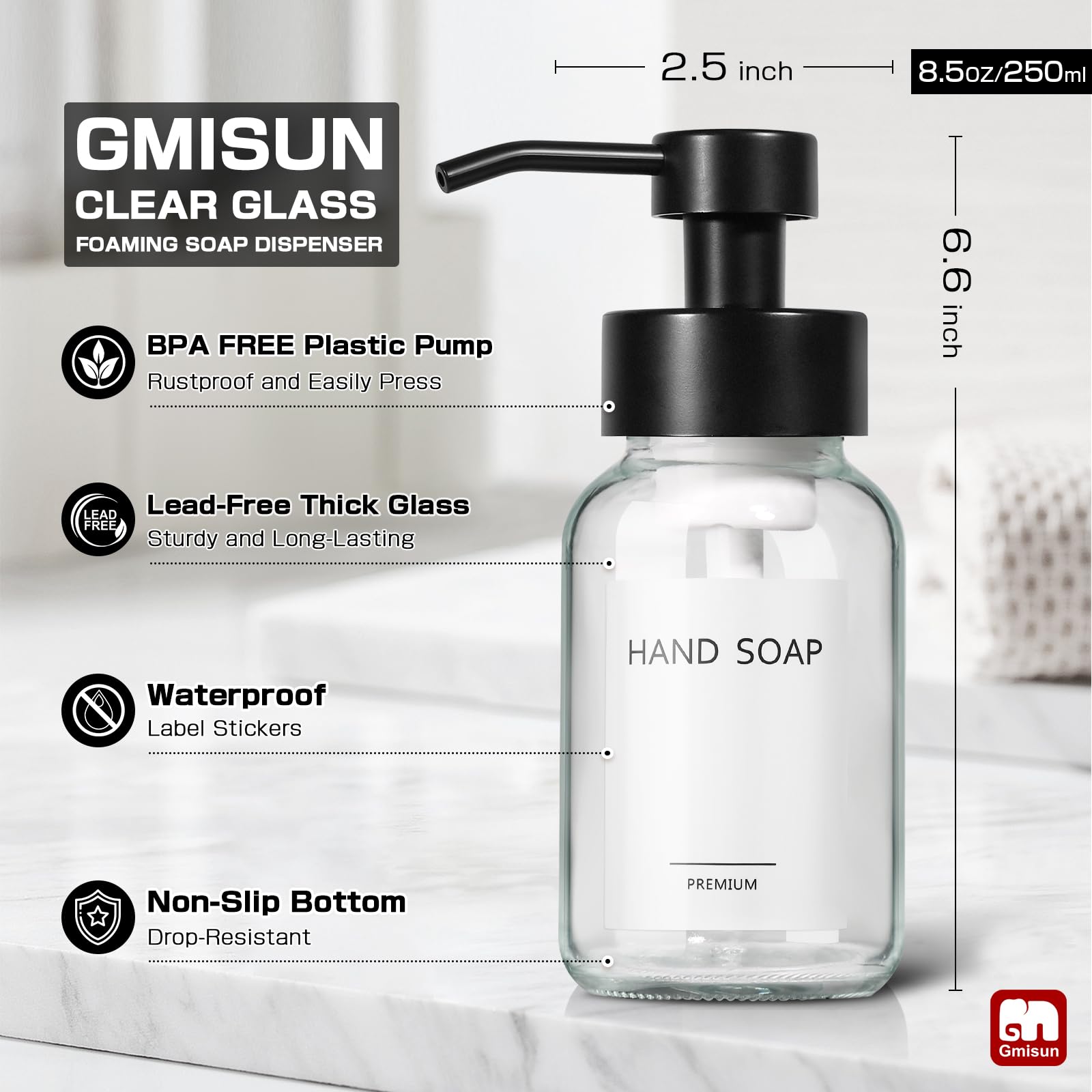Gmisun Foam Soap Dispenser, 2 Pack 8.5 Oz Clear Glass Soap Dispenser For Bathroom & Kitchen, Modern Hand Soap Dispenser, Refilla