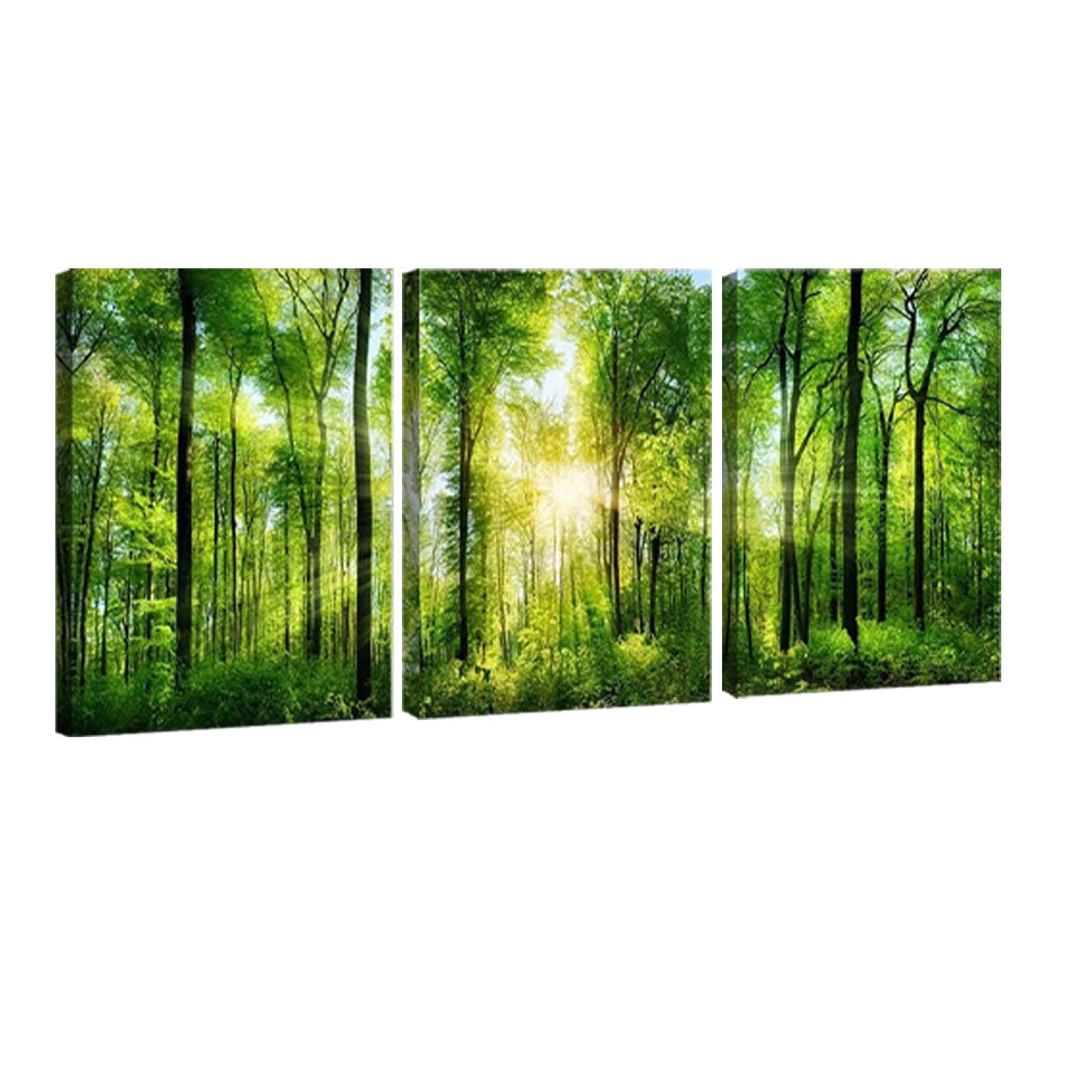 HLJ ART 3 Panels Morning Sunrise Green Trees Landscape Sunshine Over Forest Photograph Printed on Canvas for Home Wall Decoration (Green  12x16inchx3)